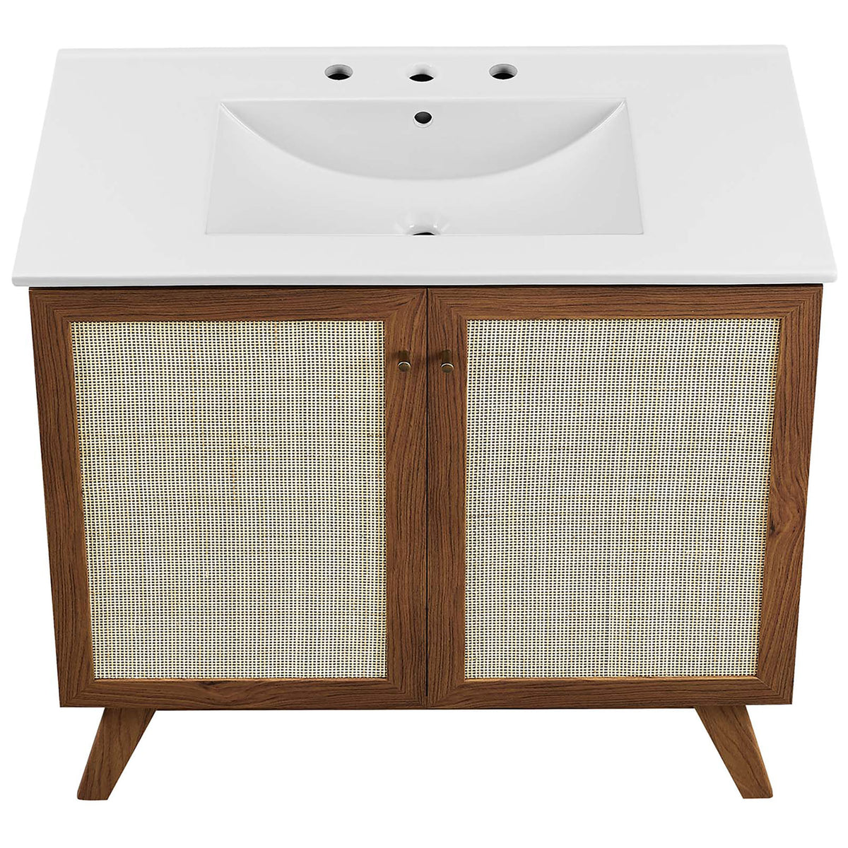 Integrated ceramic countertop with a deep rectangular basin and three faucet holes || EEI-6717-WAL-WHI || top_studio
