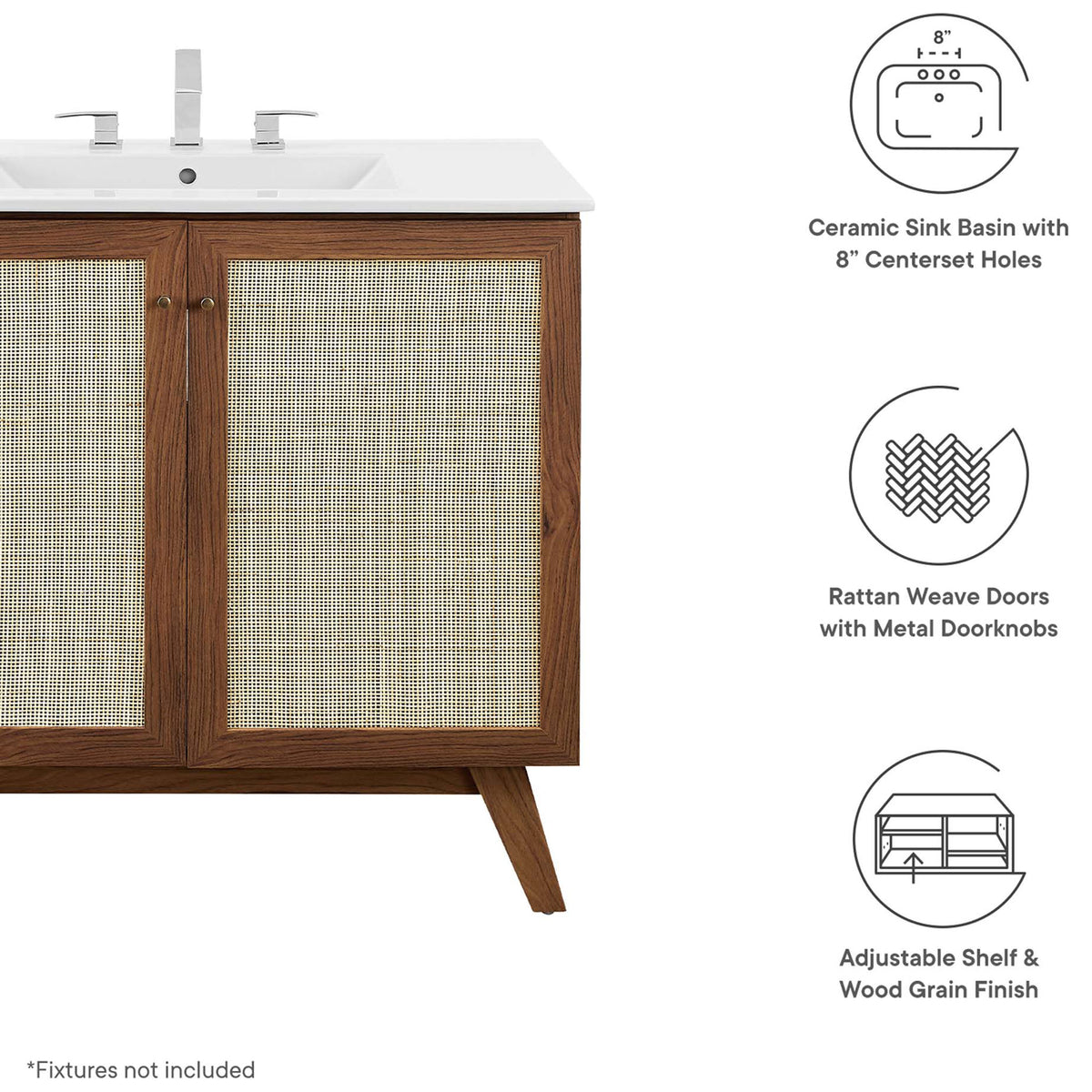 Feature highlights include ceramic sink, rattan doors, and an adjustable interior shelf || EEI-6717-WAL-WHI || callout_studio