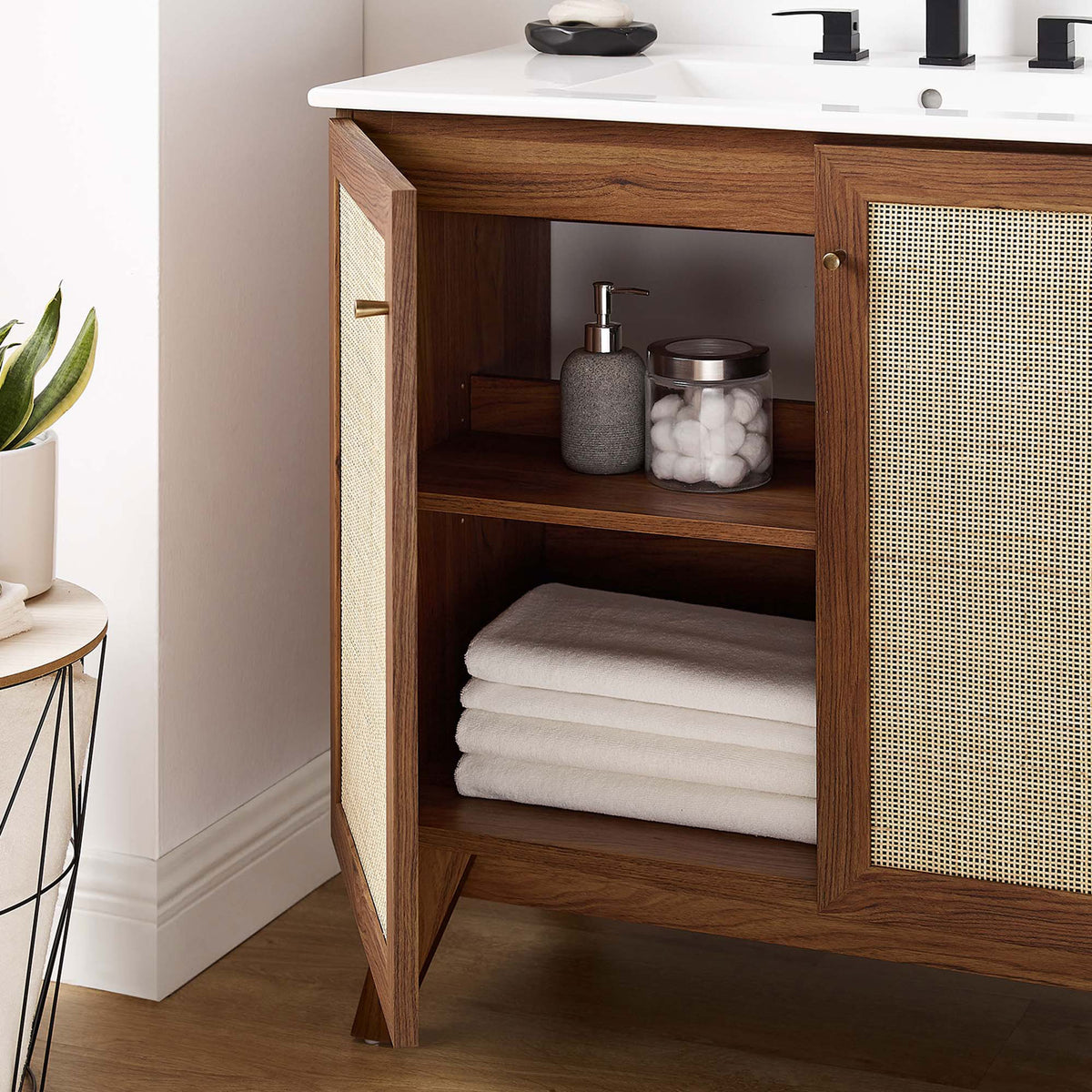 Roomy interior with adjustable shelf keeps essentials within easy reach || EEI-6717-WAL-WHI || storage_open_room