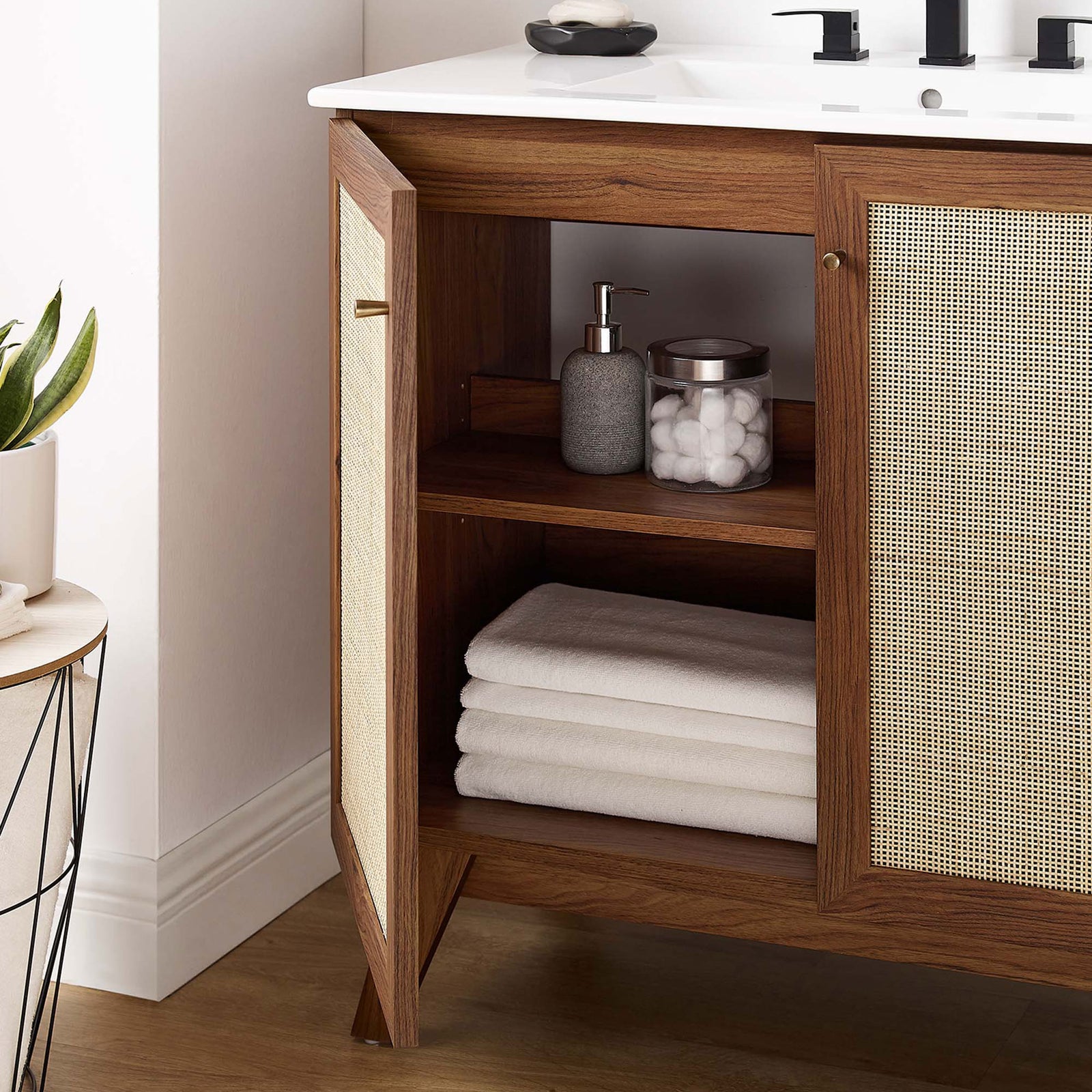 Roomy interior with adjustable shelf keeps essentials within easy reach || EEI-6717-WAL-WHI || storage_open_room