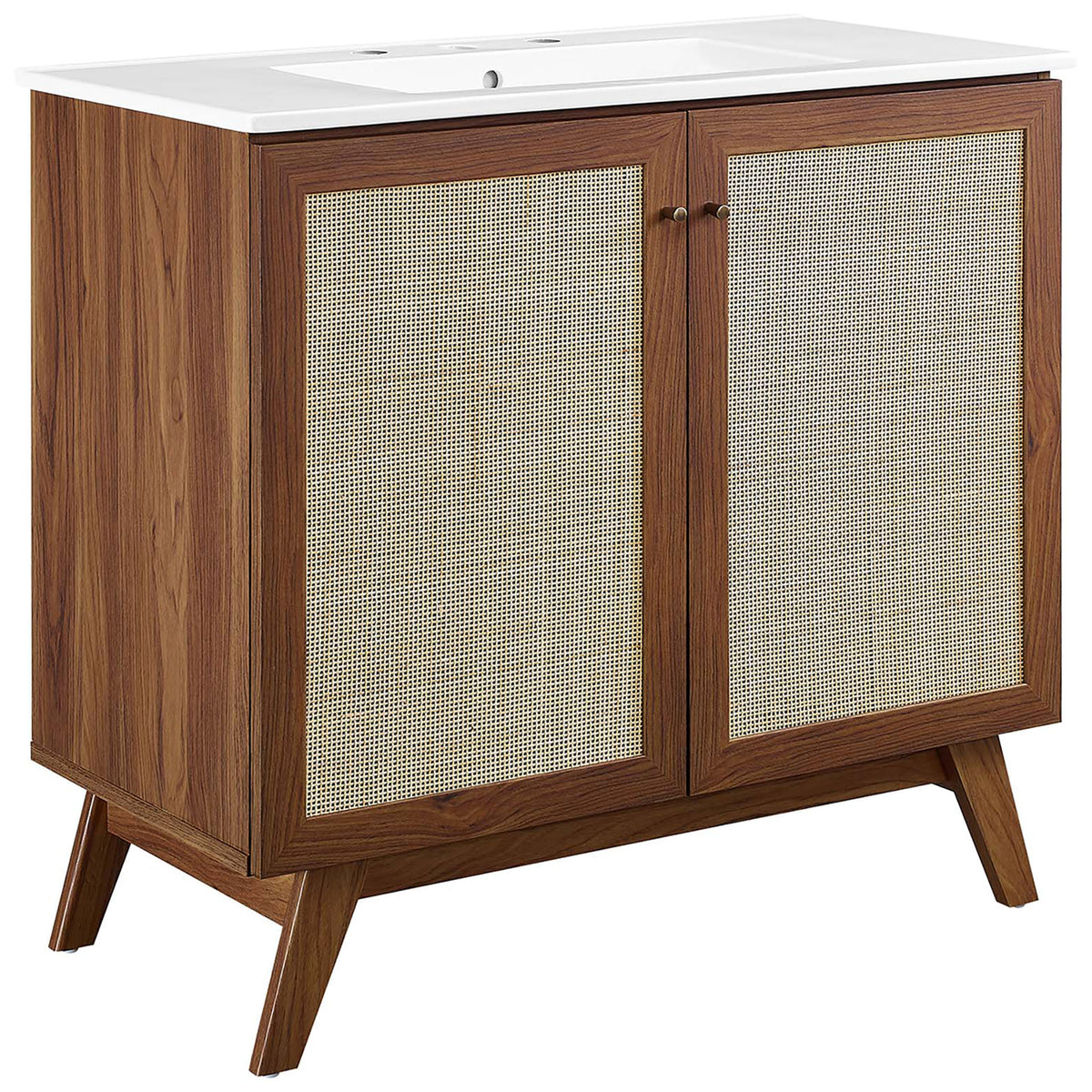 Wide walnut vanity with woven door fronts and a crisp white ceramic sink || EEI-6717-WAL-WHI || front_angle_studio