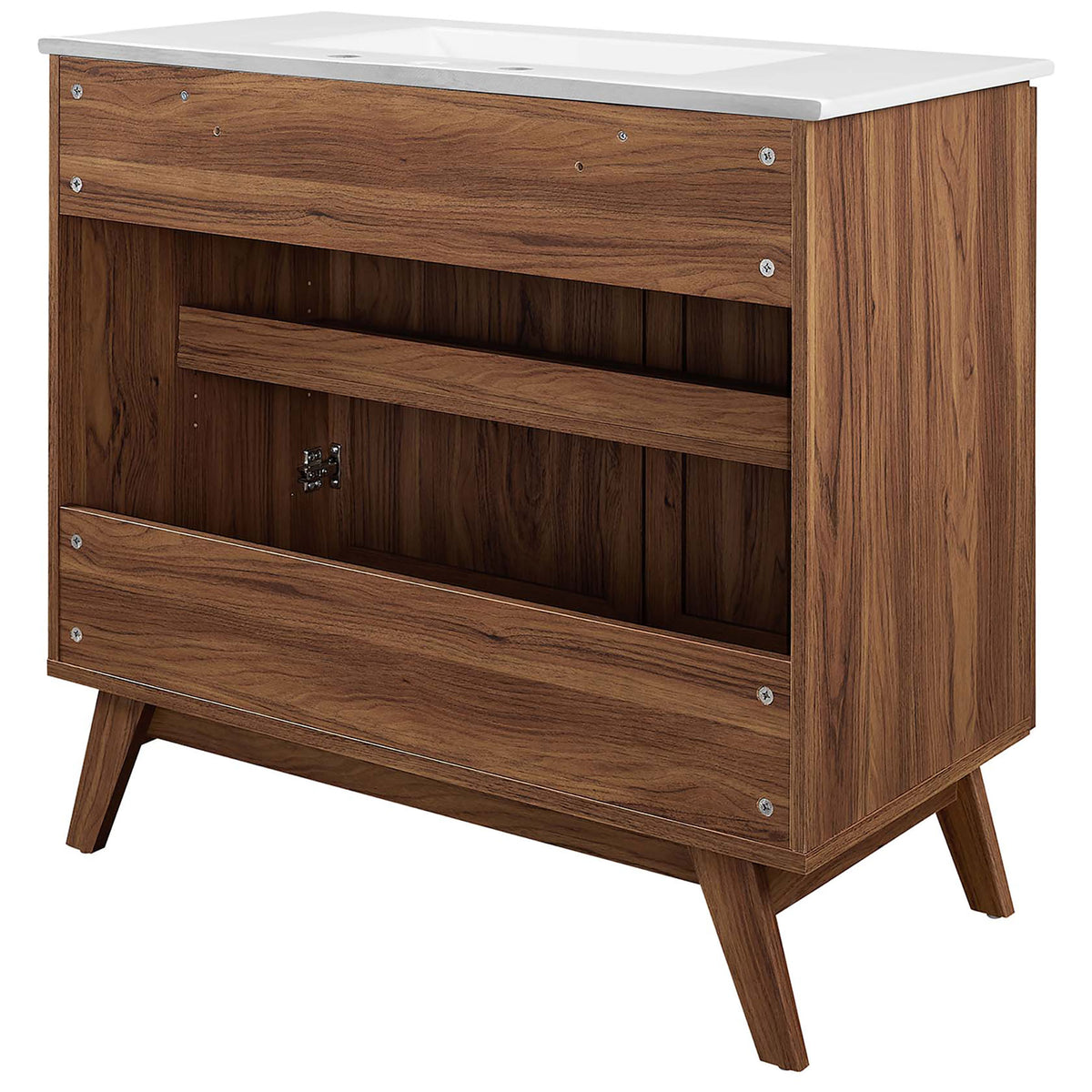 Open back design offers easy plumbing access behind the spacious cabinet || EEI-6717-WAL-WHI || back_angle_studio