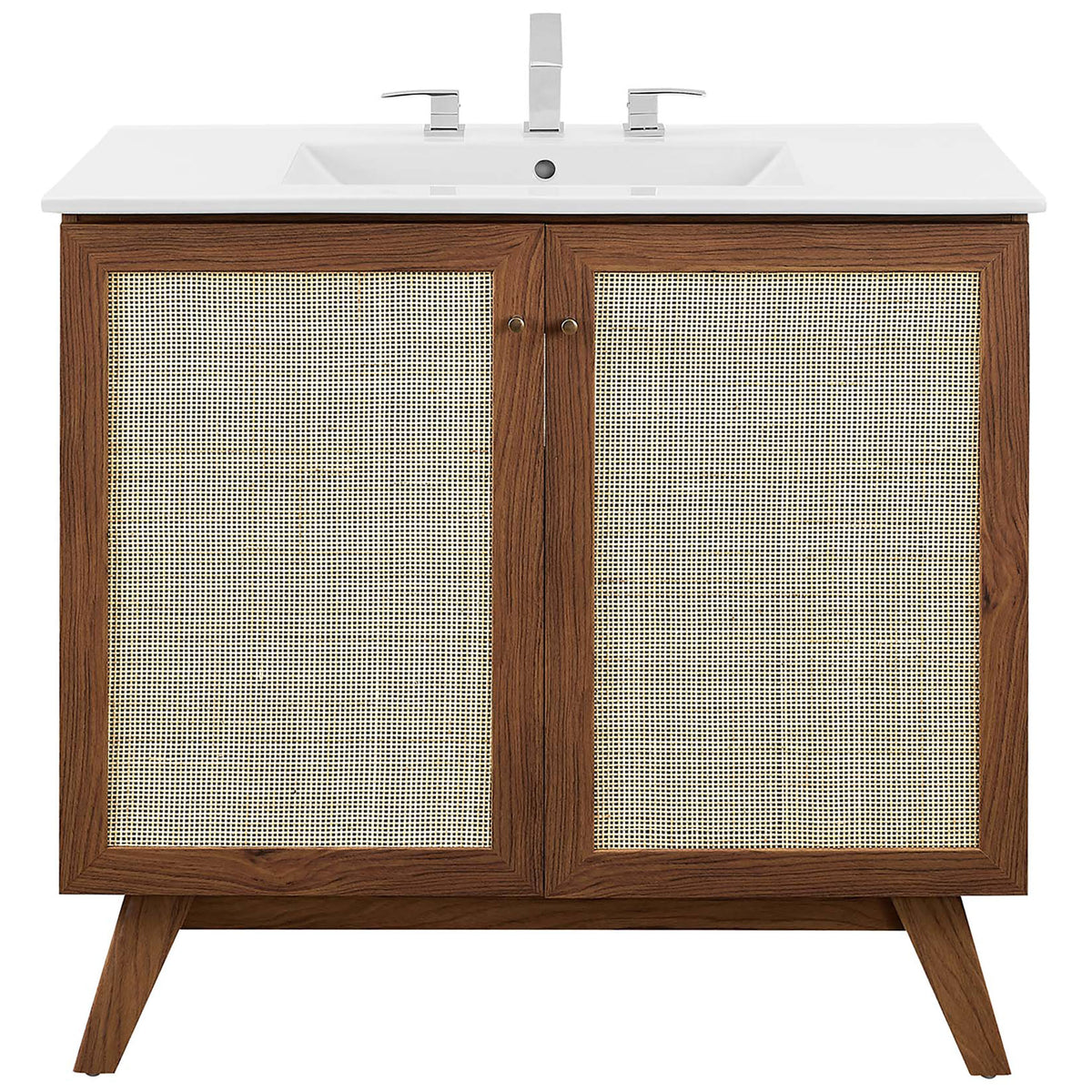 Textured rattan doors and gleaming gold knobs complement the clean sink silhouette || EEI-6717-WAL-WHI || front_studio