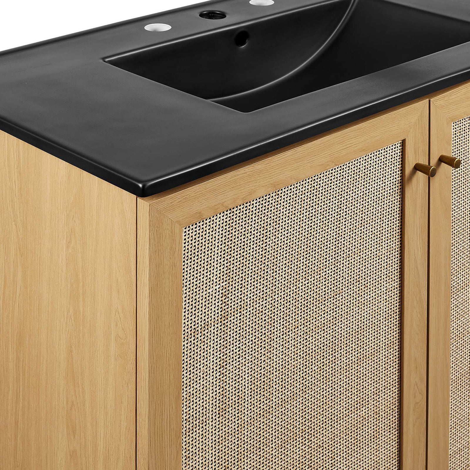 Matte black counter meets woven rattan doors and brushed gold knobs for refined contrast || EEI-6718-OAK-BLK || detail_studio