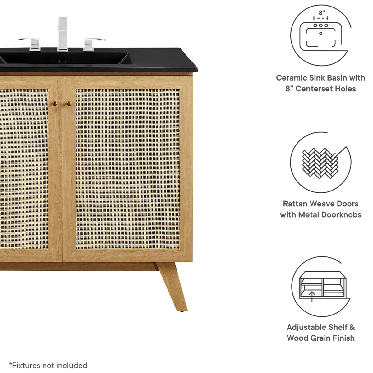 Feature-rich design with rattan doors, soft-close hinges, and a matte black sink top || EEI-6718-OAK-BLK || callout_studio