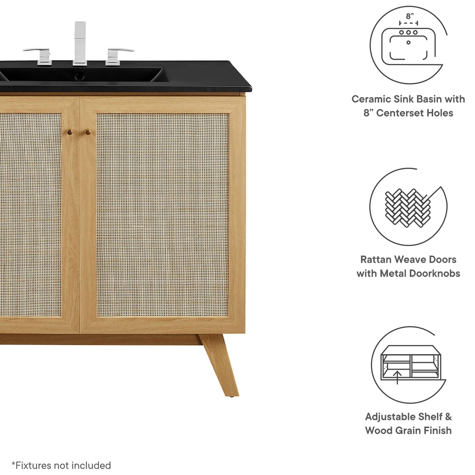 Feature-rich design with rattan doors, soft-close hinges, and a matte black sink top || EEI-6718-OAK-BLK || callout_studio