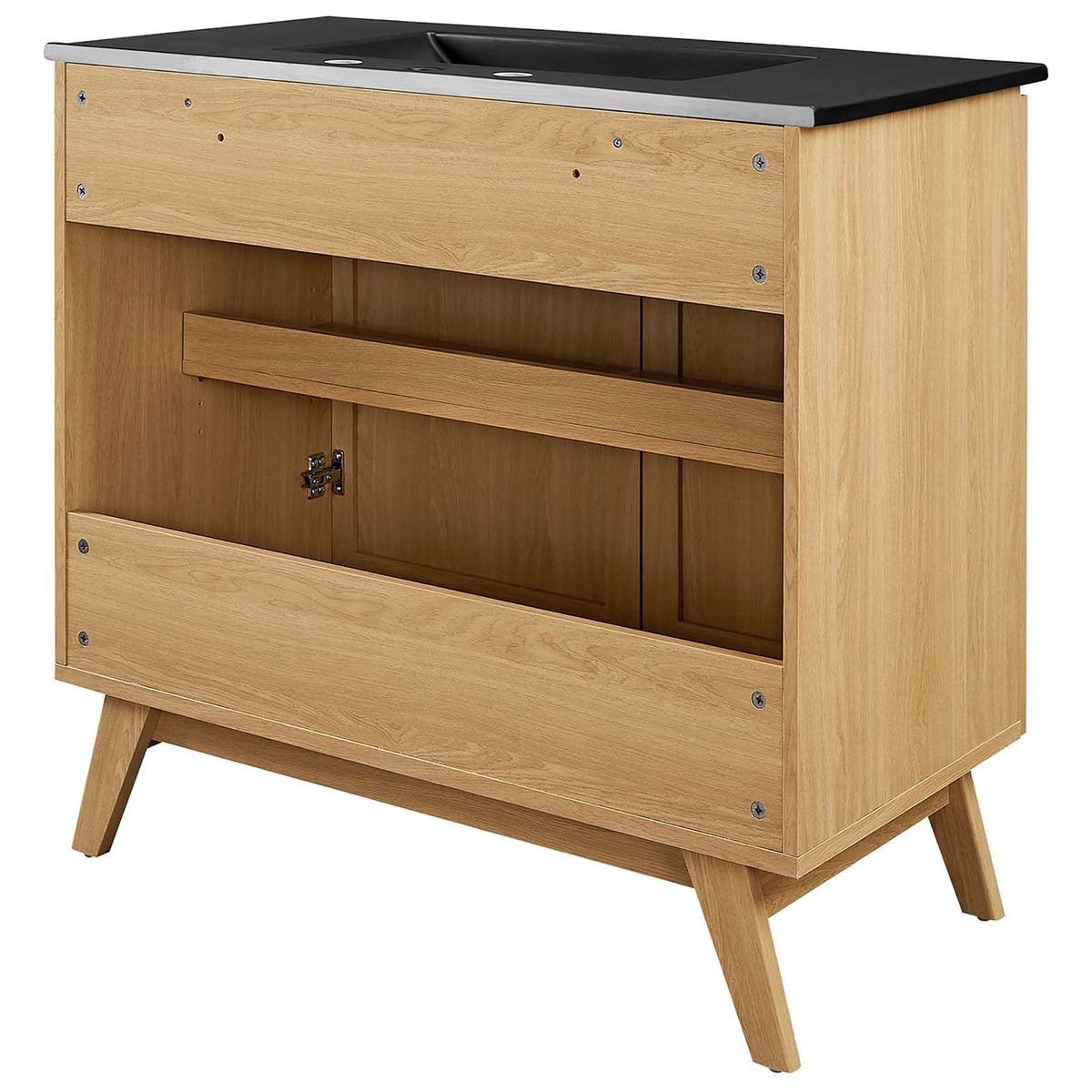 Back panel cutouts simplify plumbing access and installation || EEI-6718-OAK-BLK || back_angle_studio