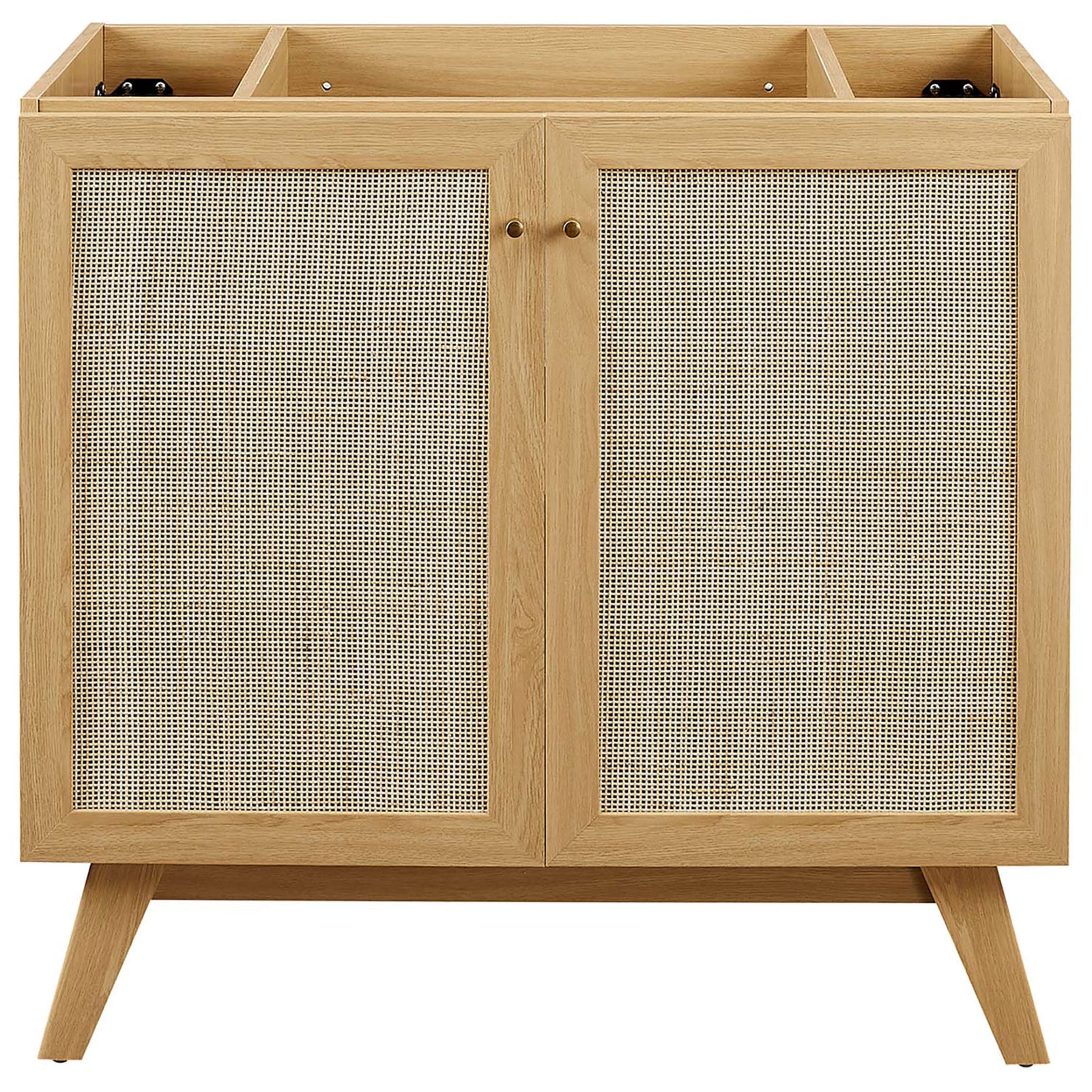 Rattan-panel vanity cabinet in warm oak with slim, modern hardware and splayed legs || EEI-6718-OAK-BLK || front_partial_studio