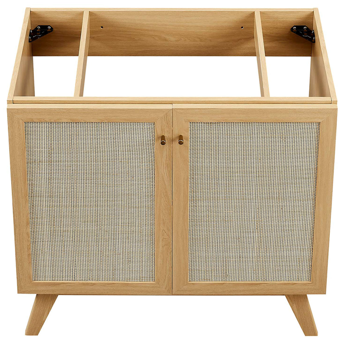 Open cabinet frame designed for countertop installation with sturdy interior supports || EEI-6718-OAK-BLK || top_partial_studio
