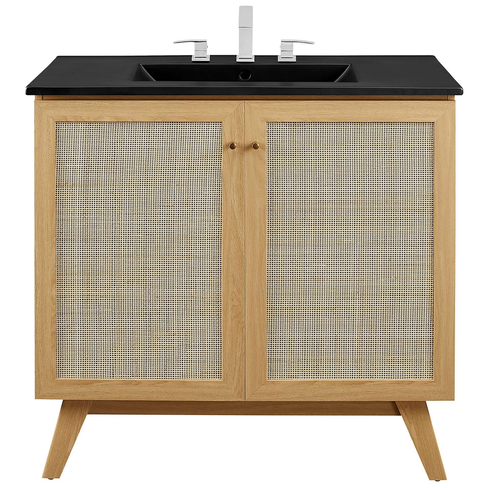 36-inch oak vanity with woven rattan doors, gold knobs, and a matte black integrated sink || EEI-6718-OAK-BLK || front_studio