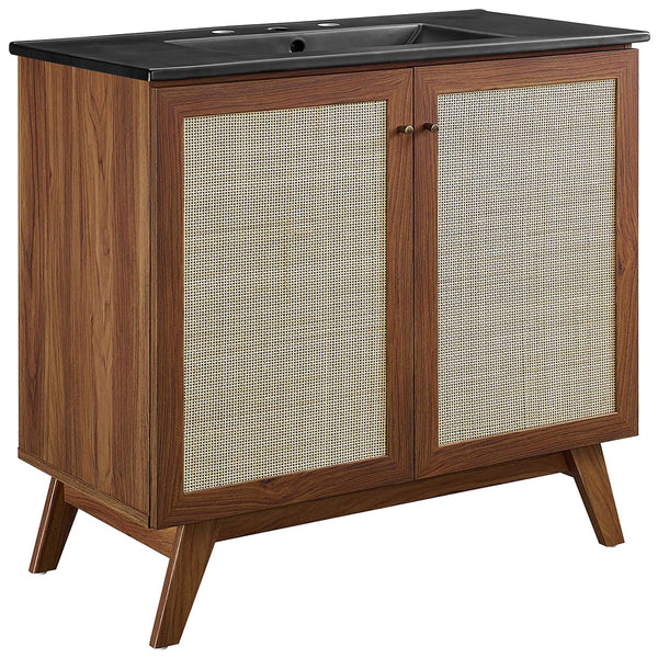 Wide walnut vanity with rattan doors and black sink top offers bold, balanced style. || EEI-6718-WAL-BLK || front_angle_studio