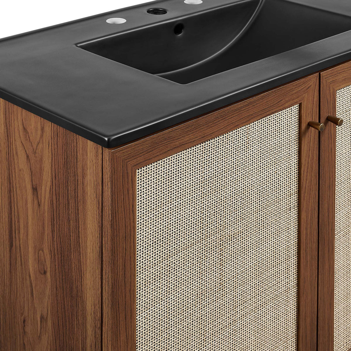 Smooth sink surface pairs with finely woven cane door texture for a tailored look. || EEI-6718-WAL-BLK || detail_studio