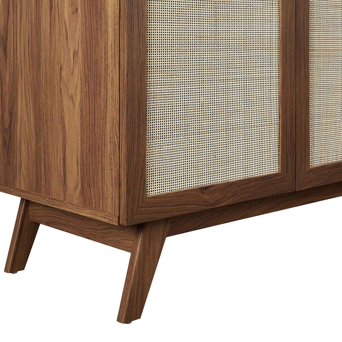 Sturdy angled legs with wood grain finish and protective caps ensure stable support. || EEI-6718-WAL-BLK || leg_studio