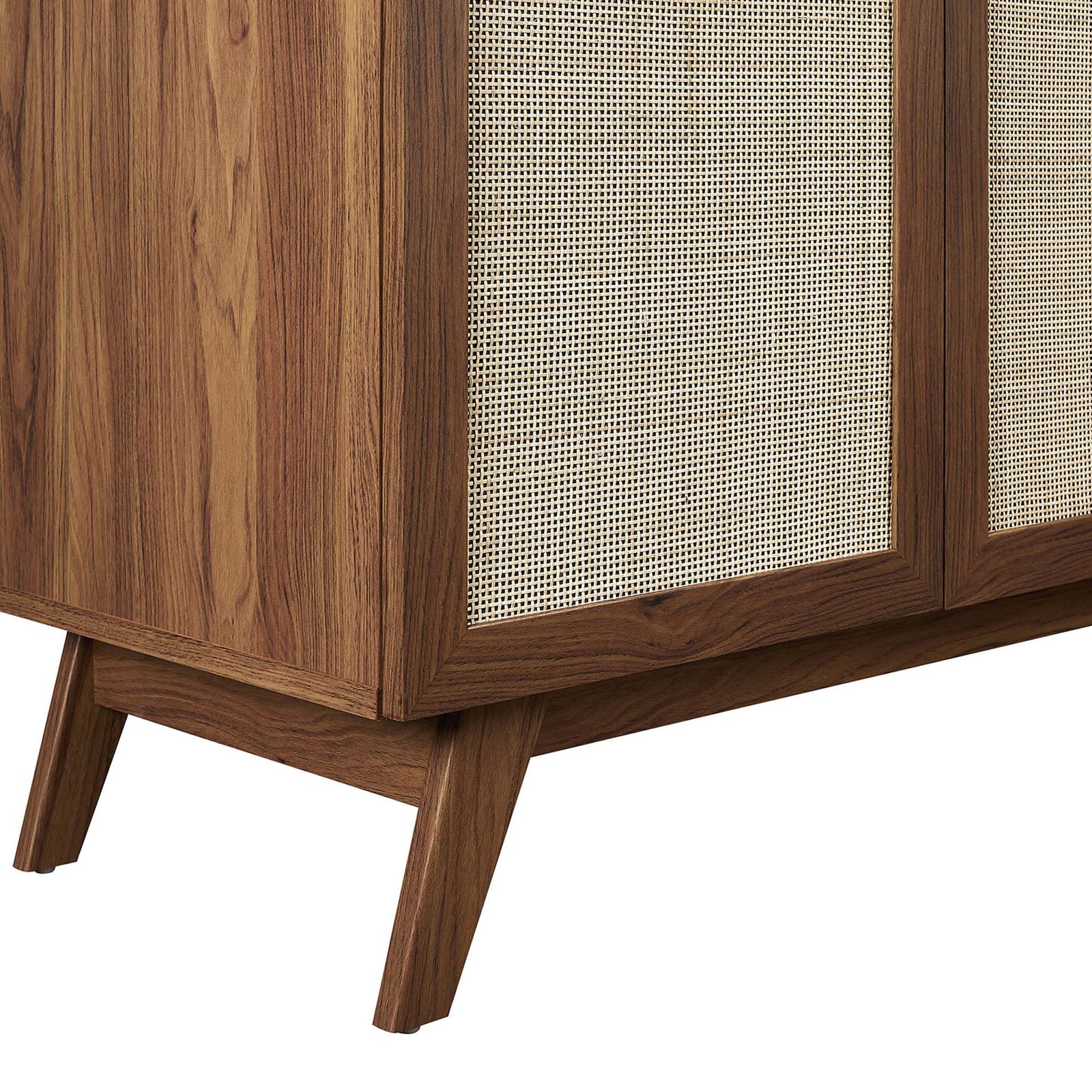 Sturdy angled legs with wood grain finish and protective caps ensure stable support. || EEI-6718-WAL-BLK || leg_studio