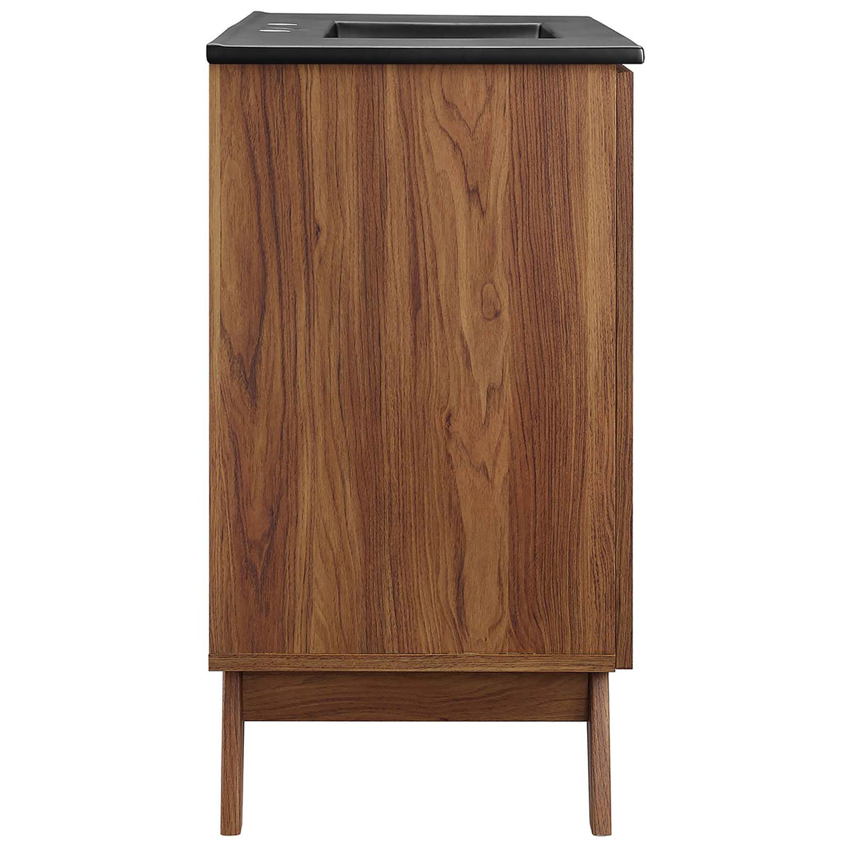 Streamlined side profile shows rich wood grain and clean, modern lines. || EEI-6718-WAL-BLK || side_studio