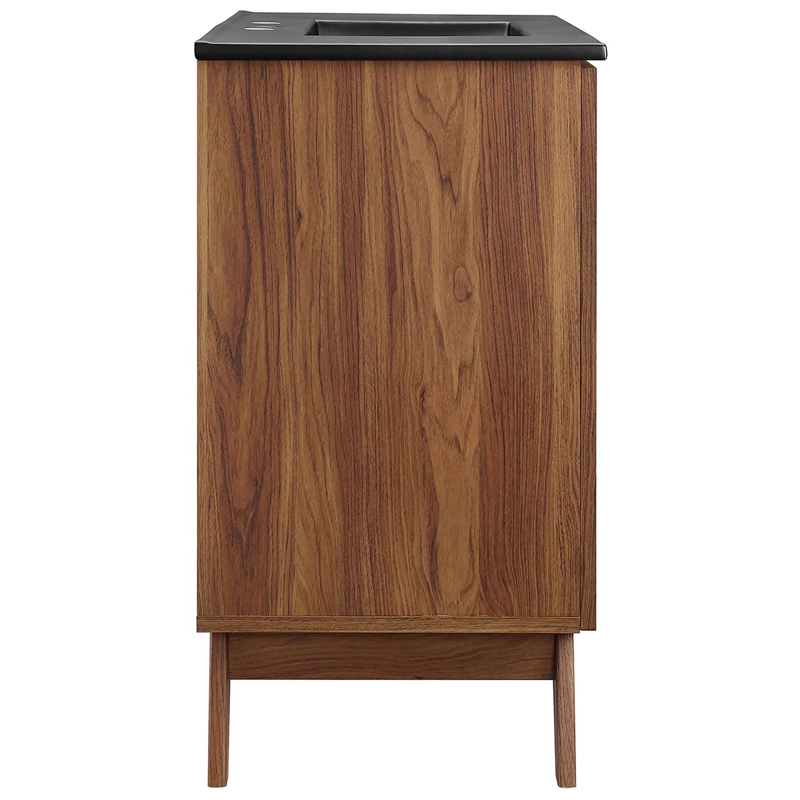 Streamlined side profile shows rich wood grain and clean, modern lines. || EEI-6718-WAL-BLK || side_studio