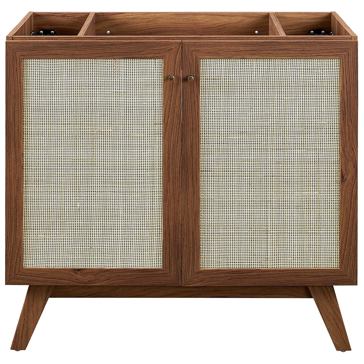 Double-door cabinet with cane panels and gold knobs anchors your bath with warmth. || EEI-6718-WAL-BLK || front_partial_studio