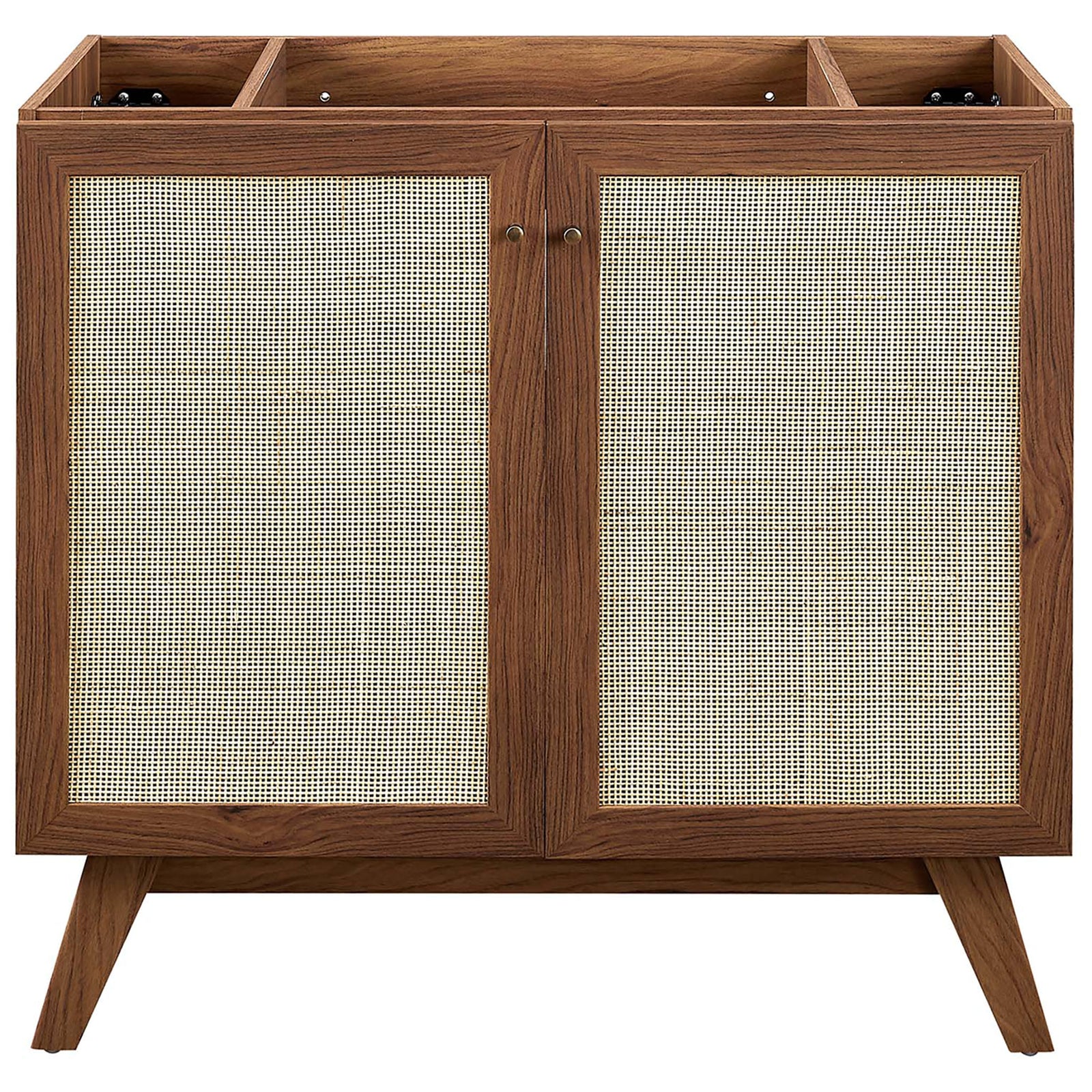 Double-door cabinet with cane panels and gold knobs anchors your bath with warmth. || EEI-6718-WAL-BLK || front_partial_studio