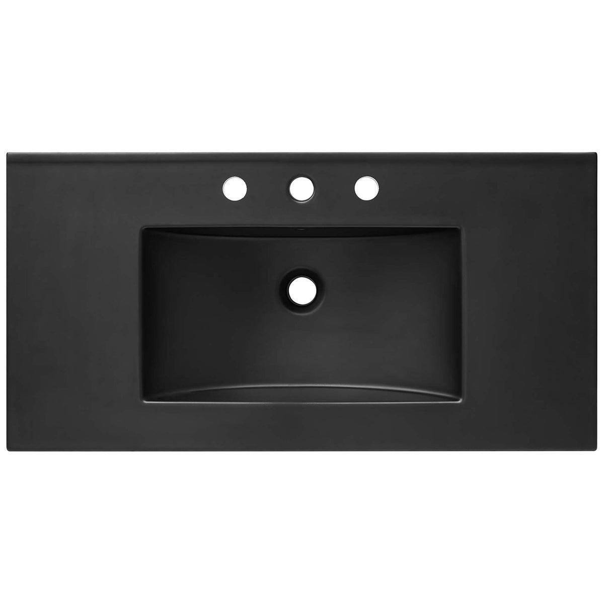 Rectangular basin set in a broad black countertop with 8-inch widespread faucet holes. || EEI-6718-WAL-BLK || top_partial_studio