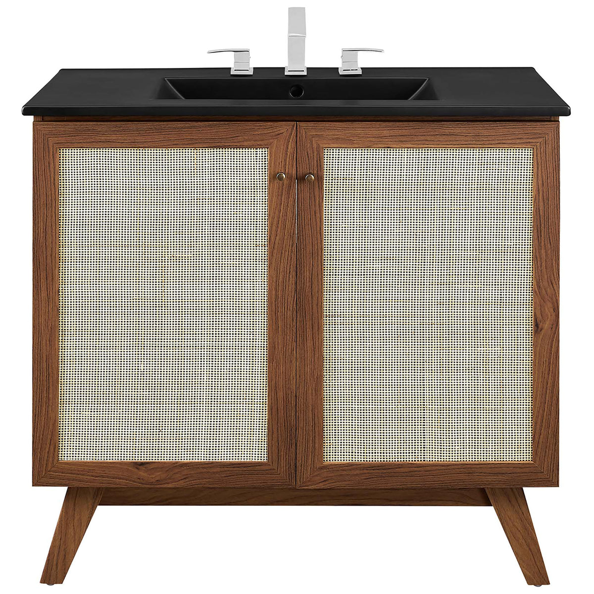 Complete vanity showcases woven doors, sleek black sink, and refined hardware. || EEI-6718-WAL-BLK || front_studio
