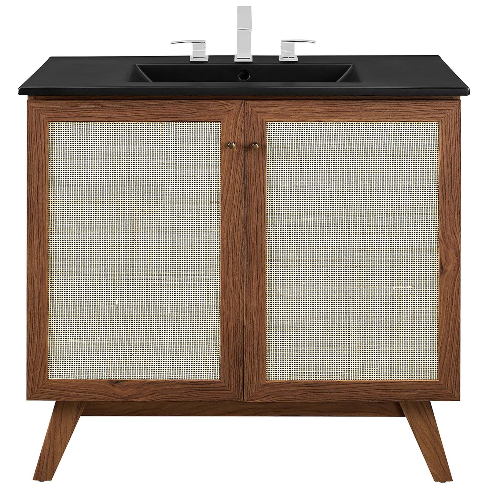Complete vanity showcases woven doors, sleek black sink, and refined hardware. || EEI-6718-WAL-BLK || front_studio