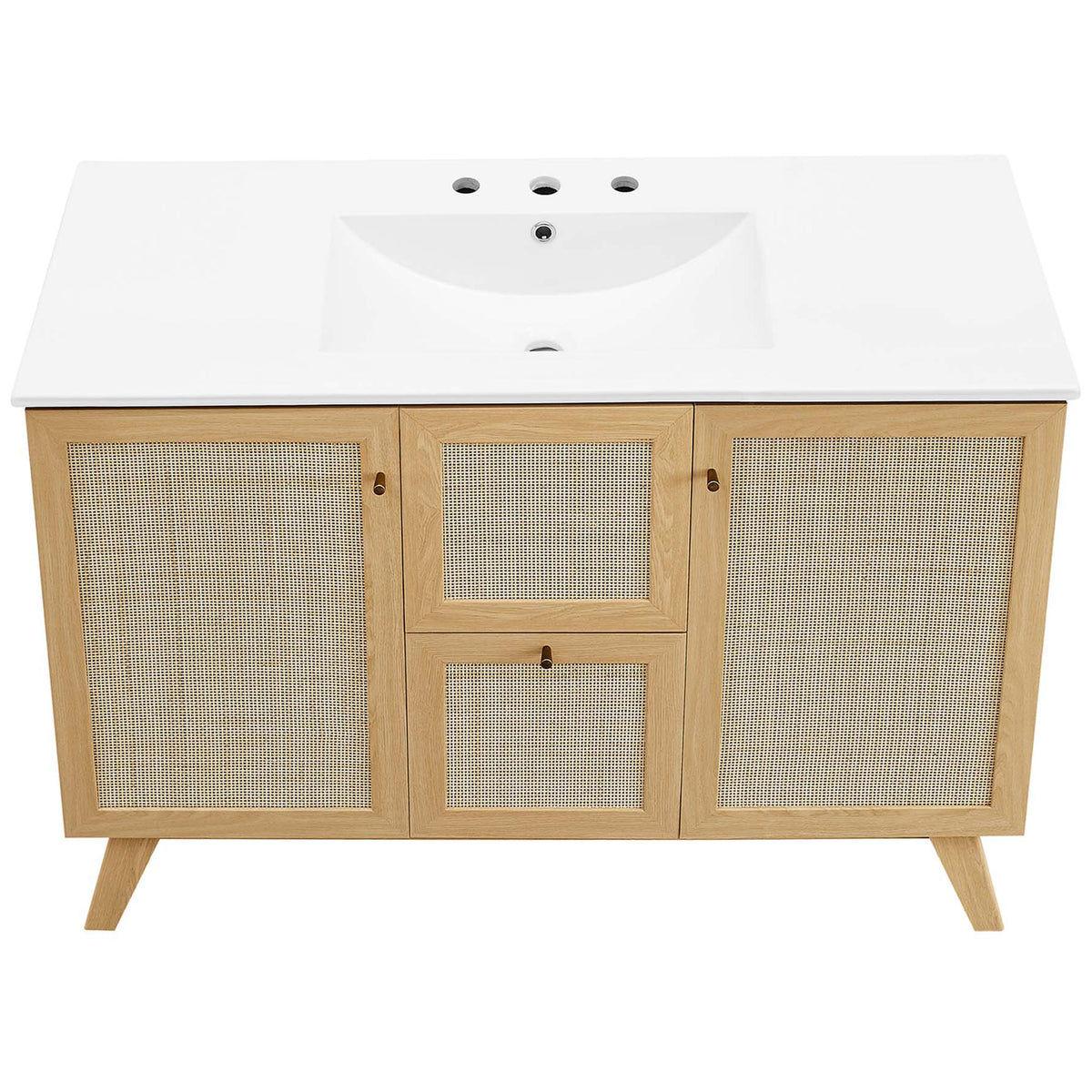 Wide integrated basin and countertop with generous wash area and 8-inch faucet holes || EEI-6719-OAK-WHI || top_studio