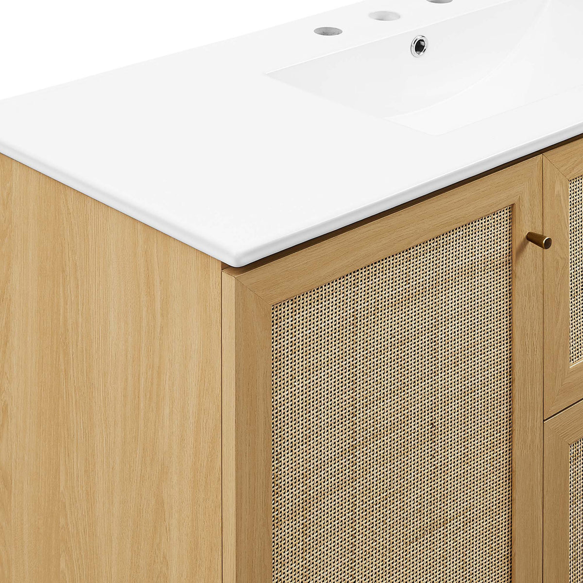 Crisp white top meets warm oak grain with woven rattan texture and gold-tone knob || EEI-6719-OAK-WHI || detail_studio