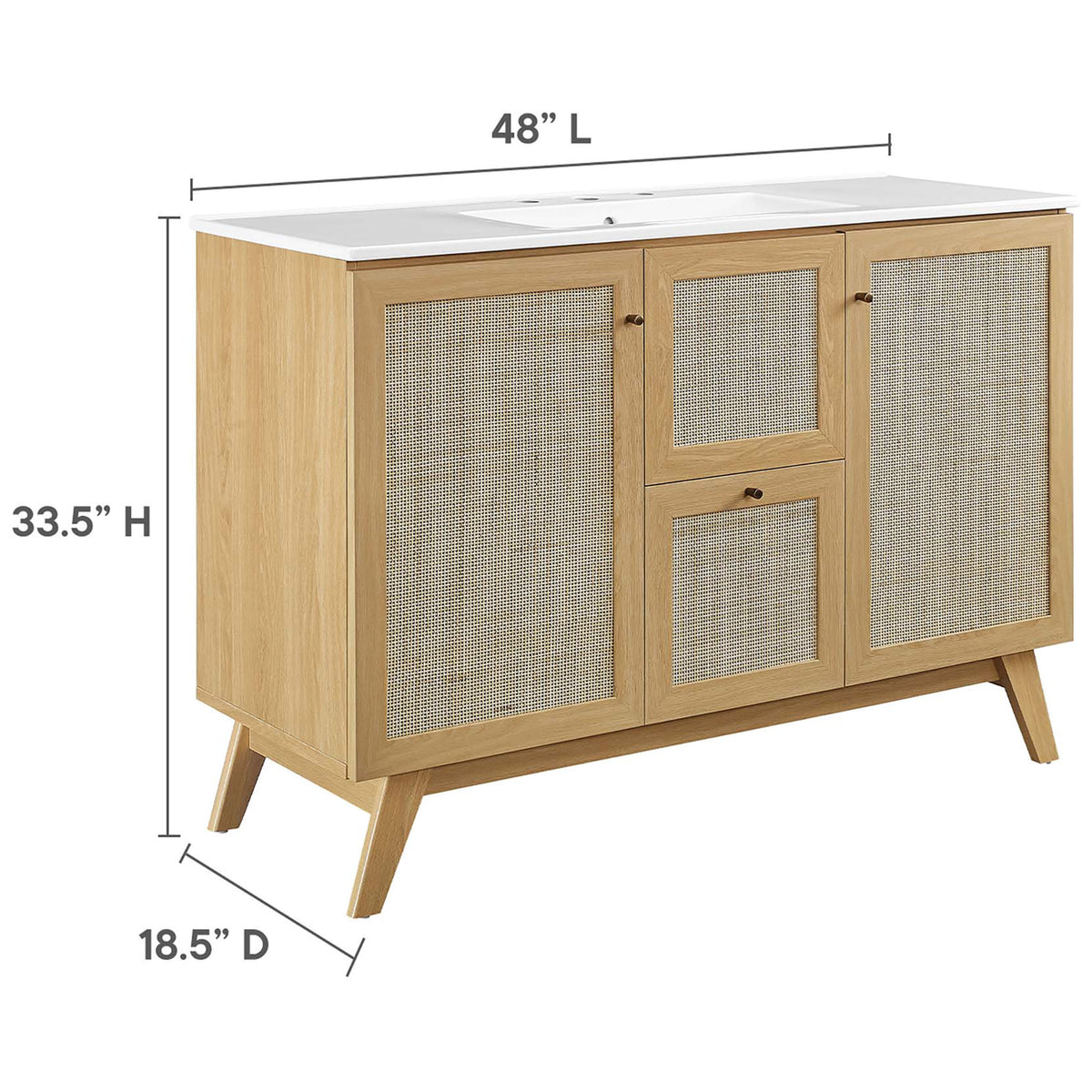 Sized at 48 L x 18.5 D x 33.5 H inches to fit most bathroom layouts || EEI-6719-OAK-WHI || dimension_studio