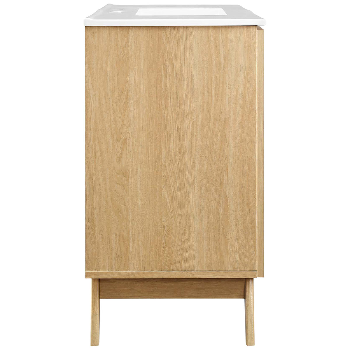 Streamlined vanity profile highlights the oak wood grain and splayed mid-century legs || EEI-6719-OAK-WHI || side_studio