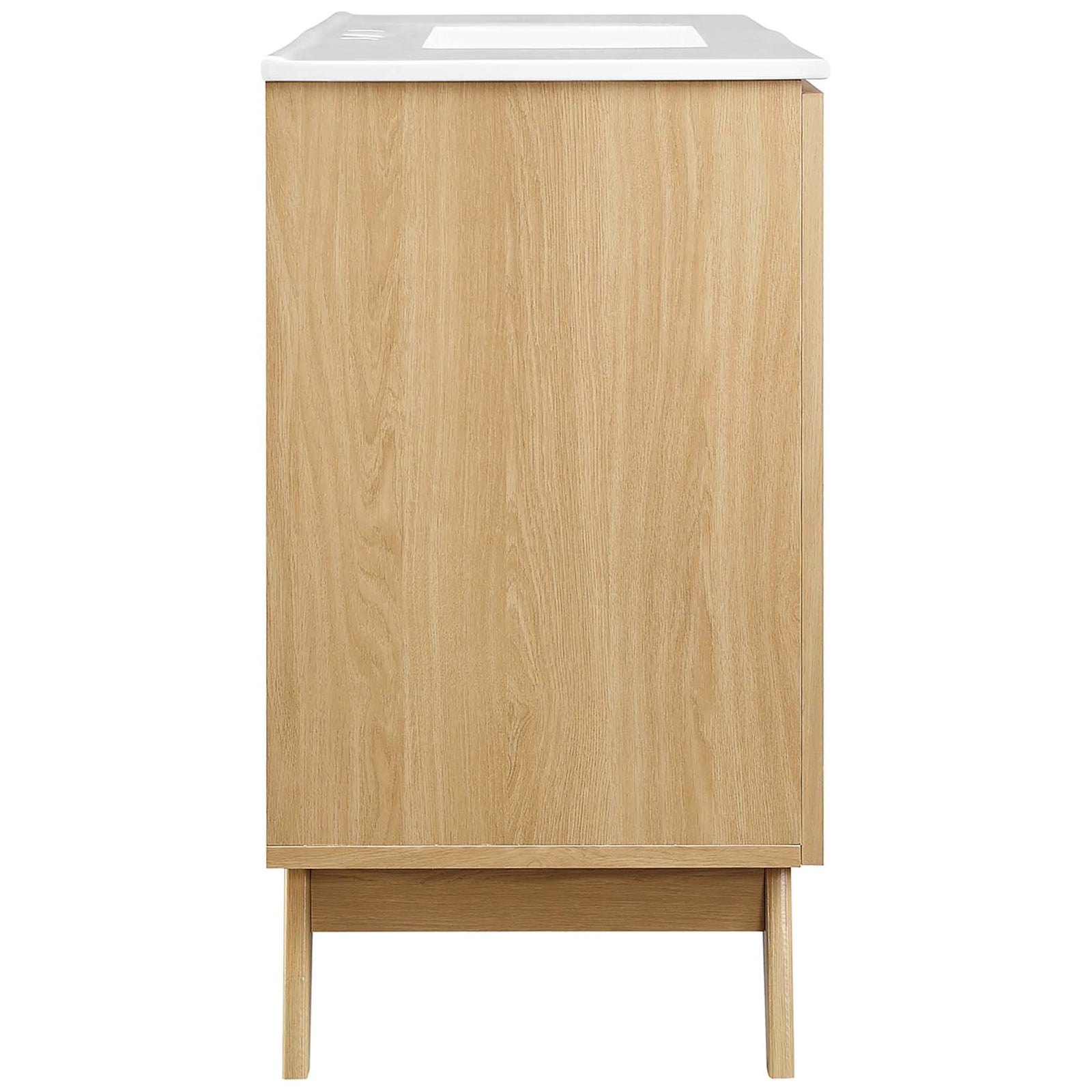 Streamlined vanity profile highlights the oak wood grain and splayed mid-century legs || EEI-6719-OAK-WHI || side_studio