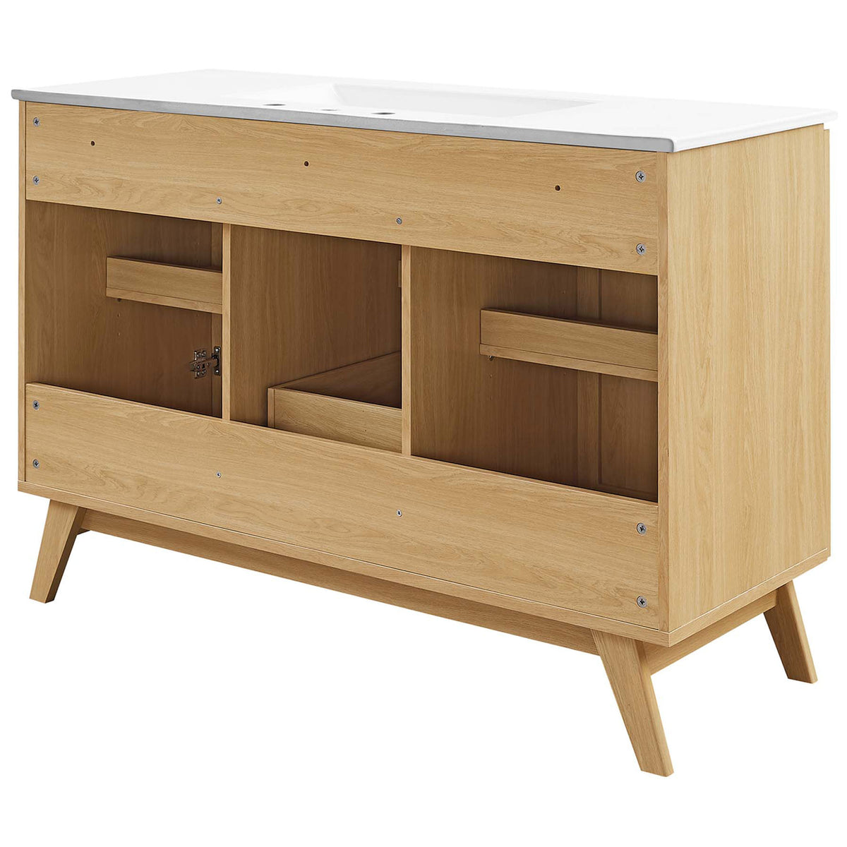 Open back design simplifies plumbing access within a sturdy oak-finished frame || EEI-6719-OAK-WHI || back_angle_studio