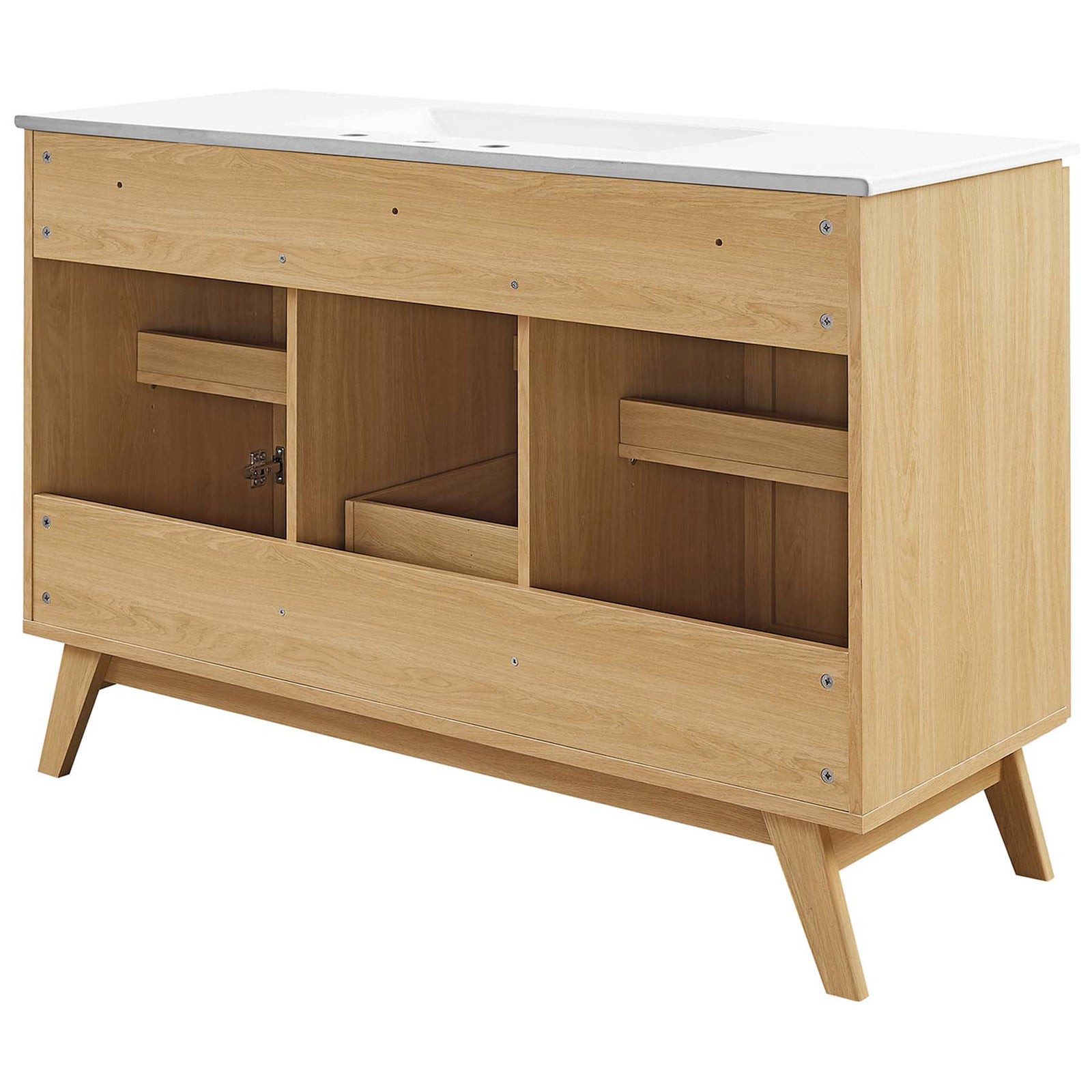 Open back design simplifies plumbing access within a sturdy oak-finished frame || EEI-6719-OAK-WHI || back_angle_studio