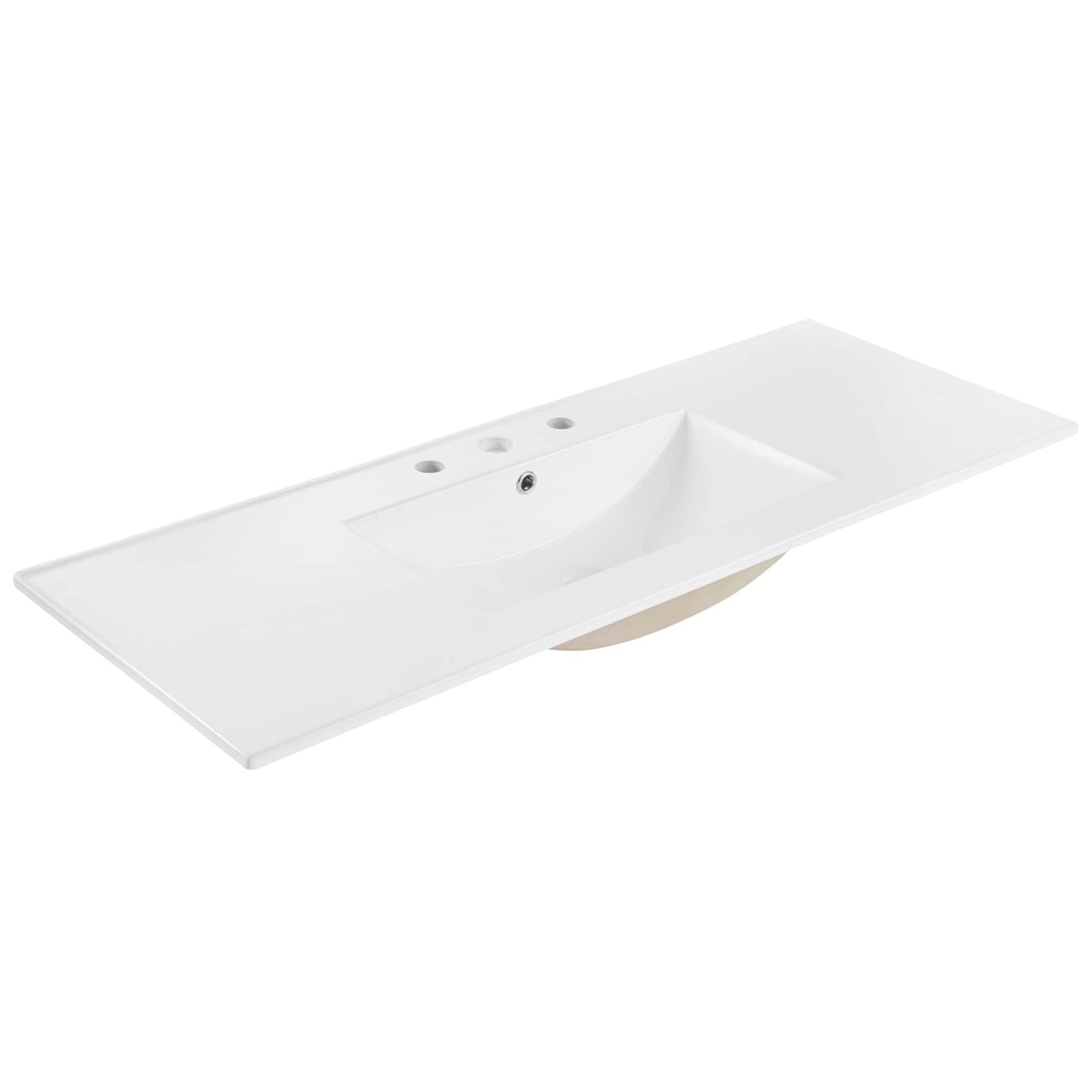 48-inch white ceramic countertop with integrated basin and 8-inch widespread faucet holes || EEI-6719-OAK-WHI || front_angle_partial_studio