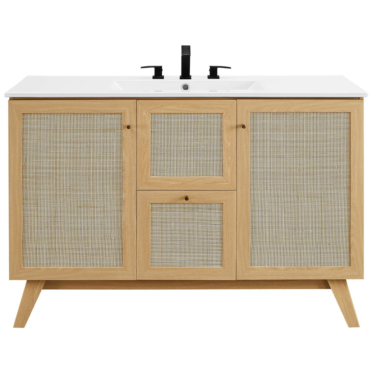 Complete vanity with rattan doors, white ceramic sink, and brushed gold hardware || EEI-6719-OAK-WHI || front_studio