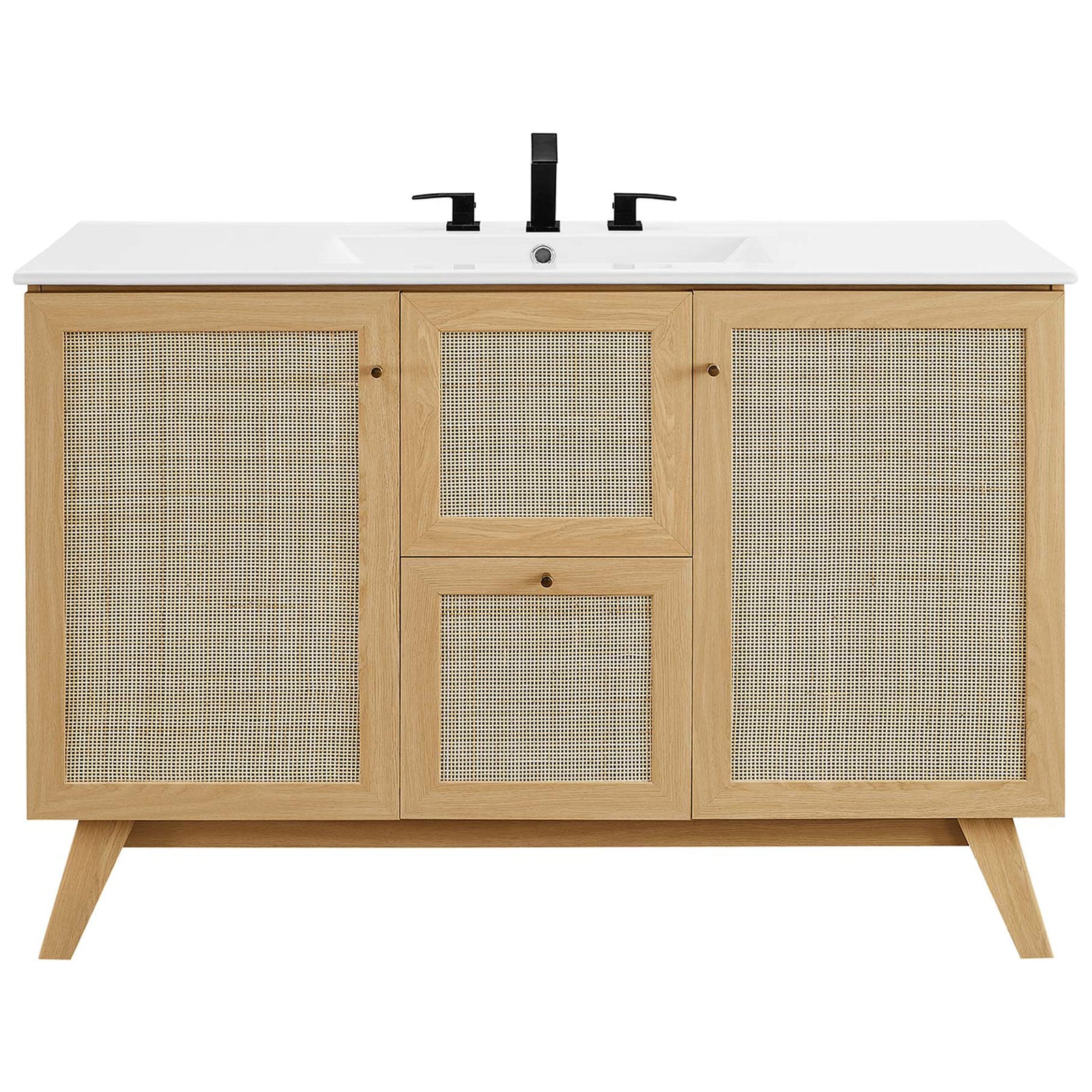 Complete vanity with rattan doors, white ceramic sink, and brushed gold hardware || EEI-6719-OAK-WHI || front_studio