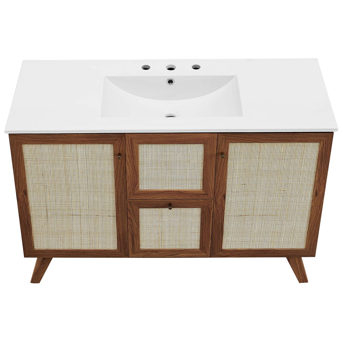 Spacious counter and rectangular basin with three faucet holes for widespread installation || EEI-6719-WAL-WHI || top_studio