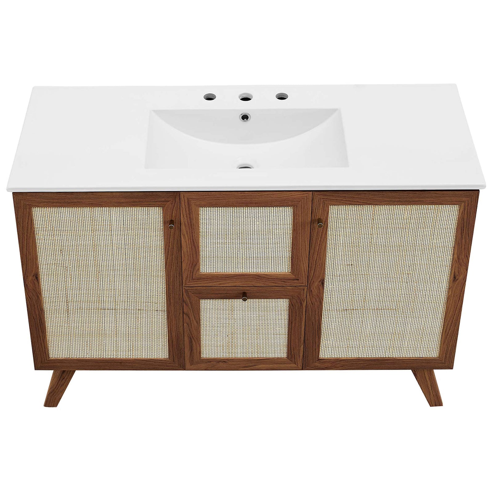 Spacious counter and rectangular basin with three faucet holes for widespread installation || EEI-6719-WAL-WHI || top_studio