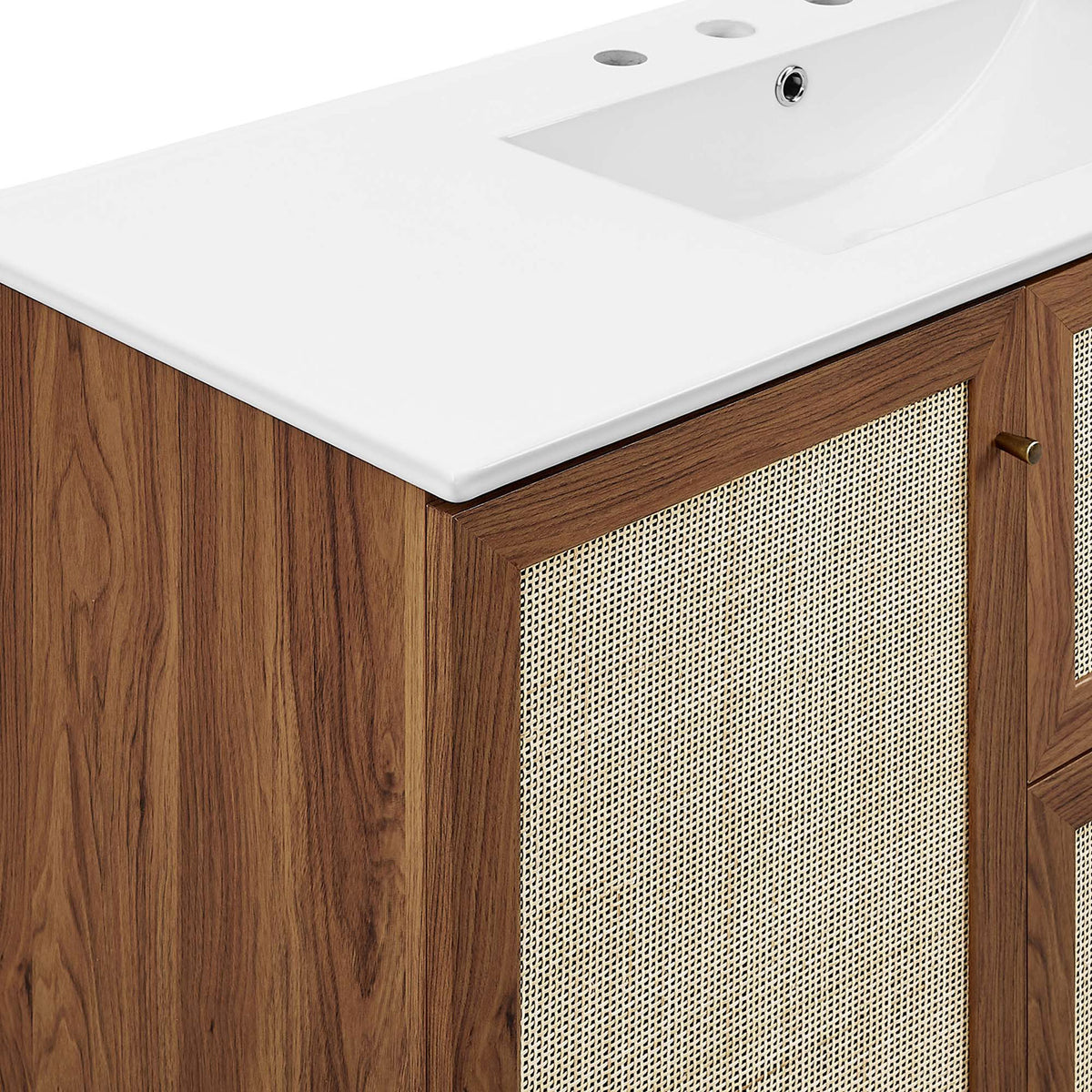 Crisp white countertop contrasts beautifully with the walnut frame and rattan cane panel || EEI-6719-WAL-WHI || detail_studio
