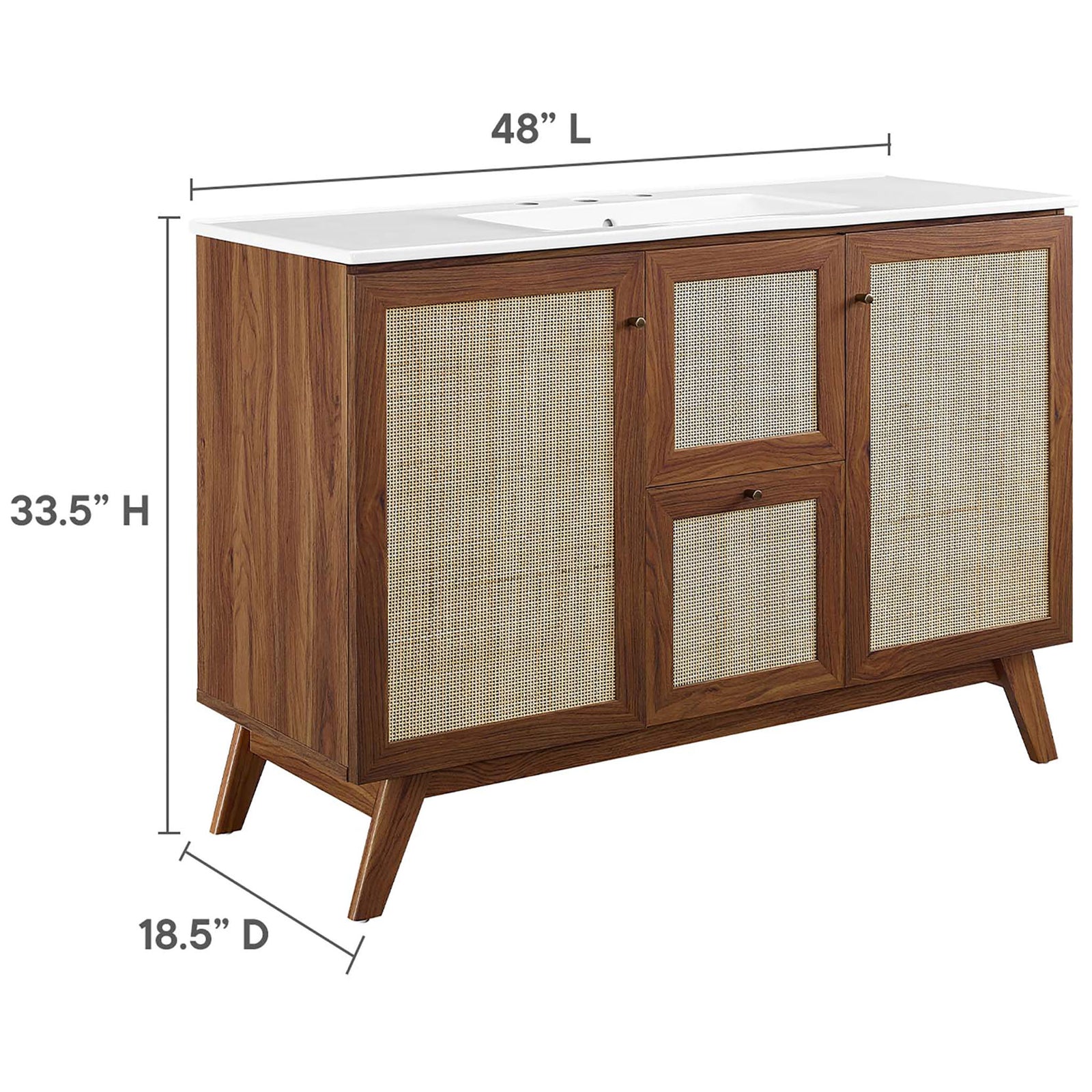 Sized at 48 inches wide with an 18.5-inch depth and 33.5-inch height || EEI-6719-WAL-WHI || dimension_studio