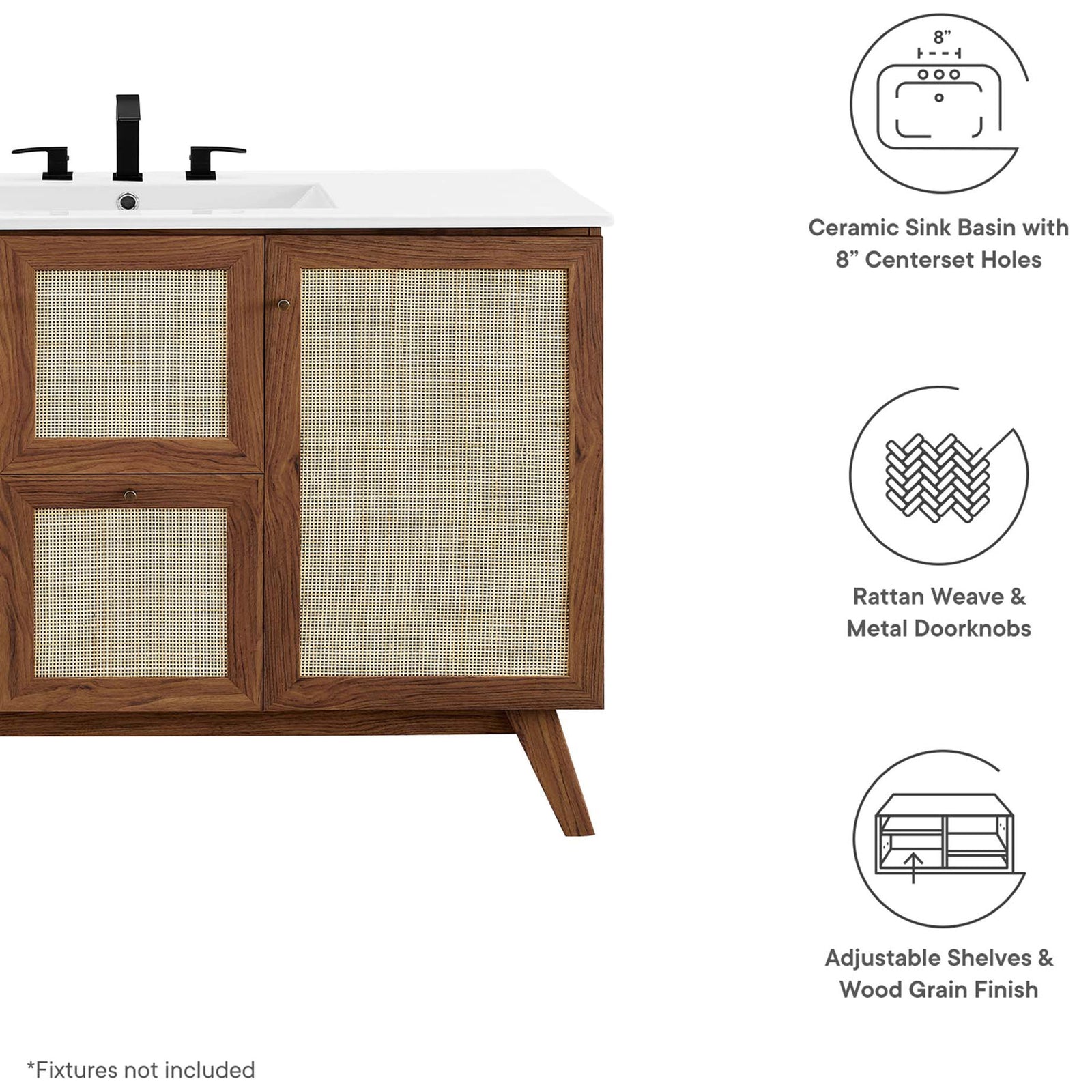 Key features include a ceramic sink basin, rattan weave, metal knobs, and adjustable shelves || EEI-6719-WAL-WHI || callout_studio