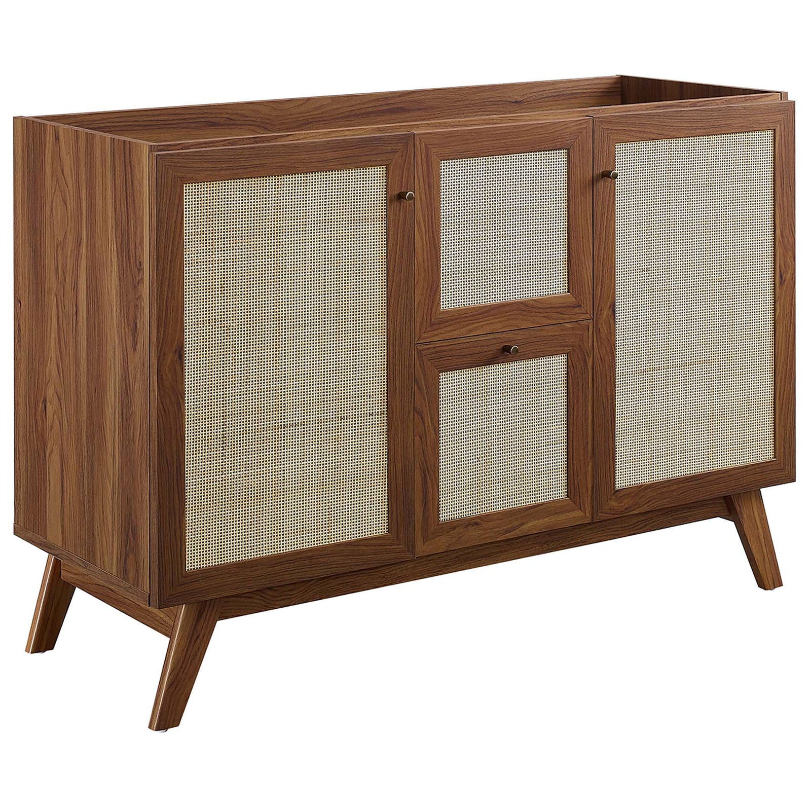 Walnut cabinet with rattan weave doors and center drawers, ready for a compatible sink top || EEI-6719-WAL-WHI || front_angle_partial_studio