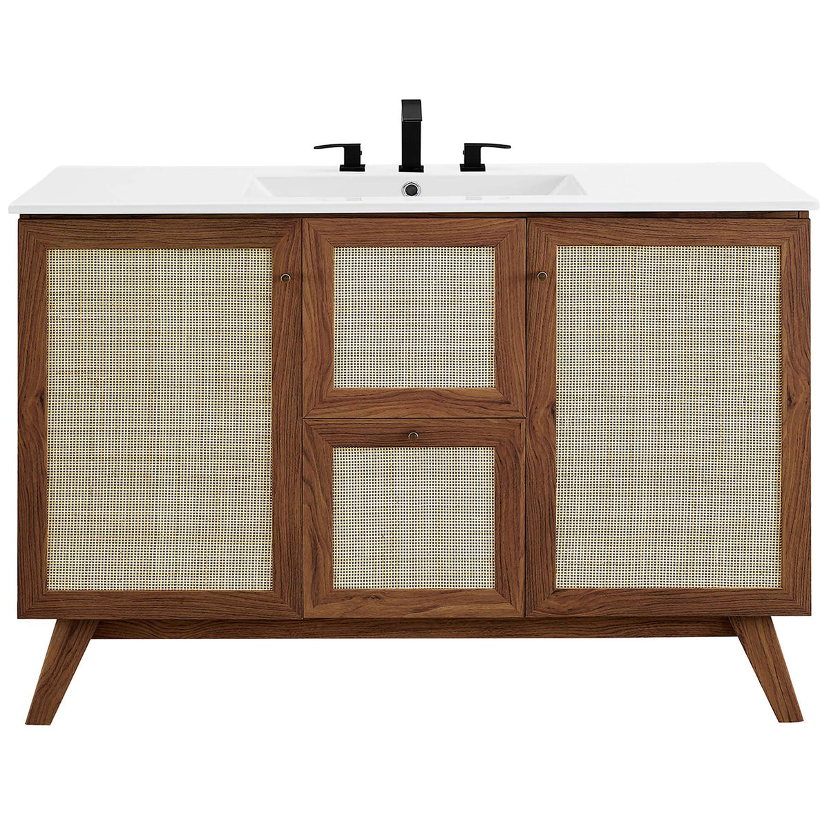 Front view highlighting rattan doors, centered drawers, and an integrated ceramic sink || EEI-6719-WAL-WHI || front_studio