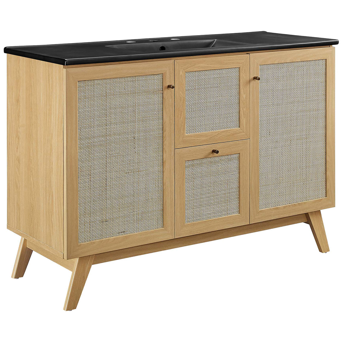 Rattan-front oak vanity with black integrated sink, brushed gold knobs, and splayed legs || EEI-6720-OAK-BLK || front_angle_studio
