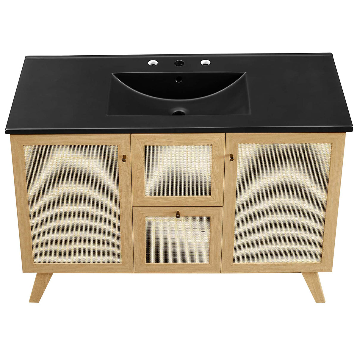 Expansive black countertop with integrated basin atop the rattan-front oak vanity || EEI-6720-OAK-BLK || top_studio