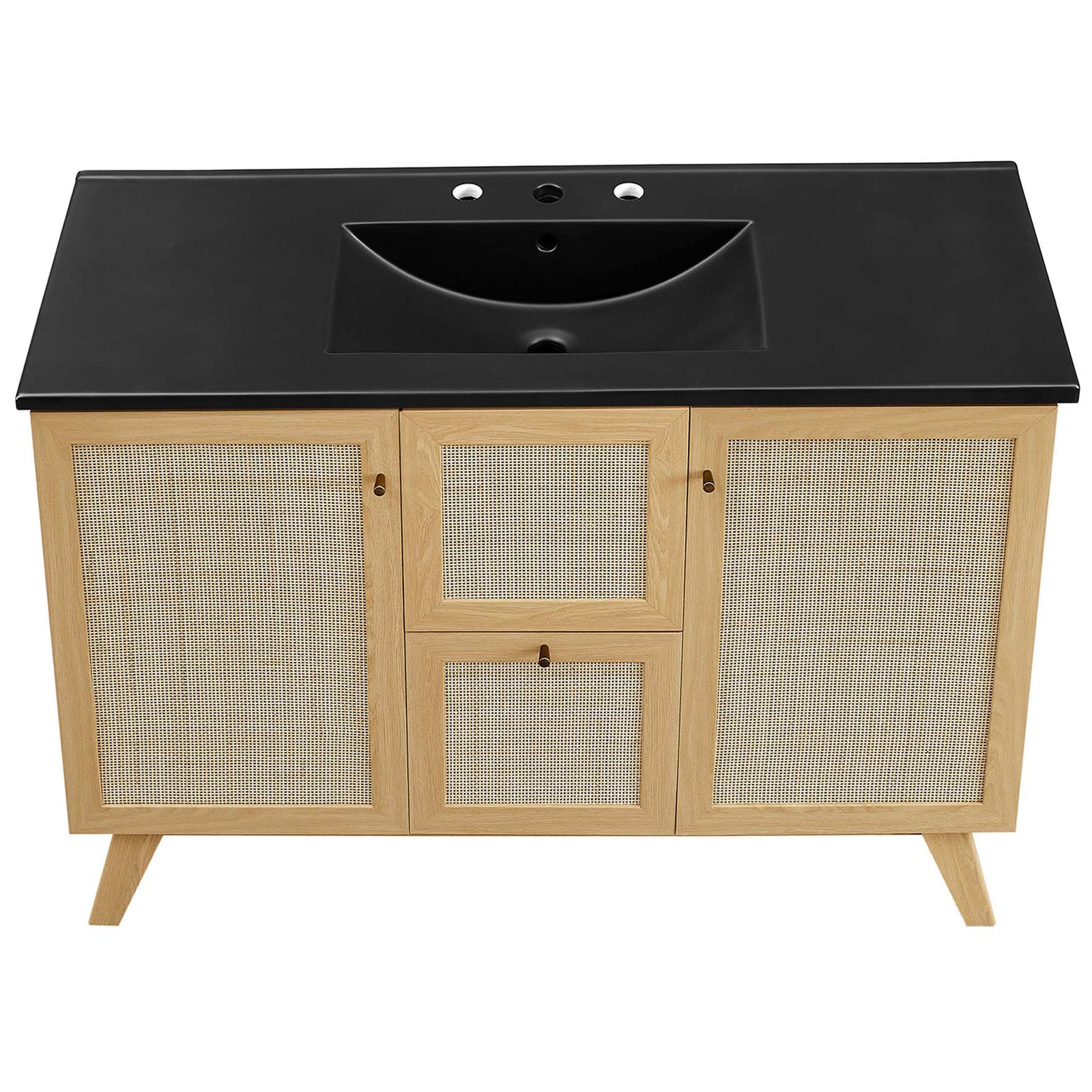 Expansive black countertop with integrated basin atop the rattan-front oak vanity || EEI-6720-OAK-BLK || top_studio