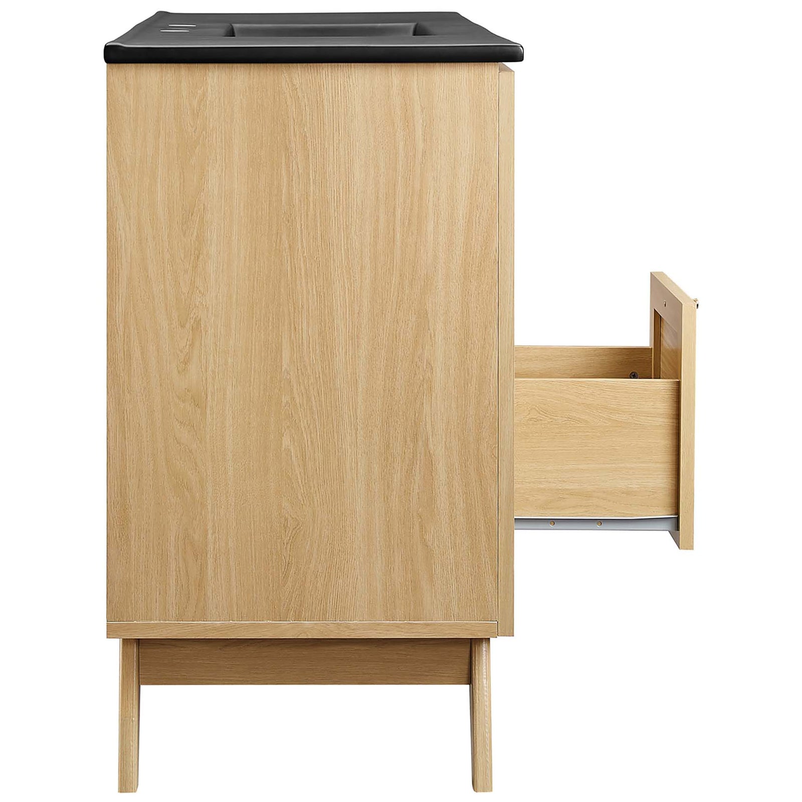 Smooth-glide side drawer extends for easy access to bath essentials || EEI-6720-OAK-BLK || side_open_studio