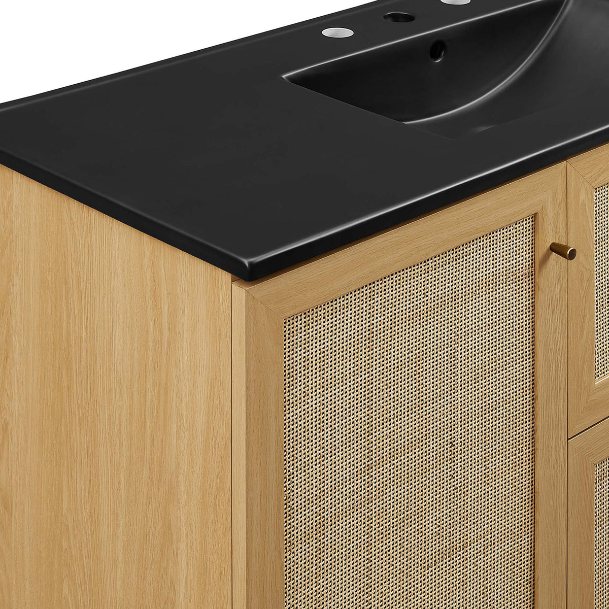 Sleek matte black countertop pairs with natural oak frame and cane-textured doors || EEI-6720-OAK-BLK || detail_studio
