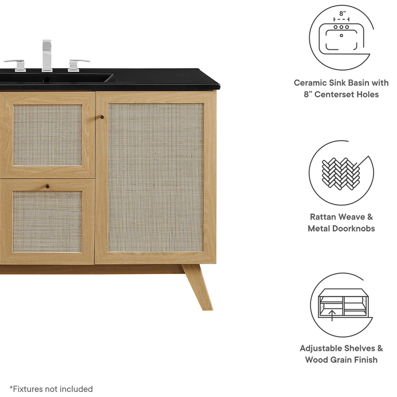 Ceramic basin, rattan weave fronts, adjustable shelves, and metal knobs || EEI-6720-OAK-BLK || callout_studio