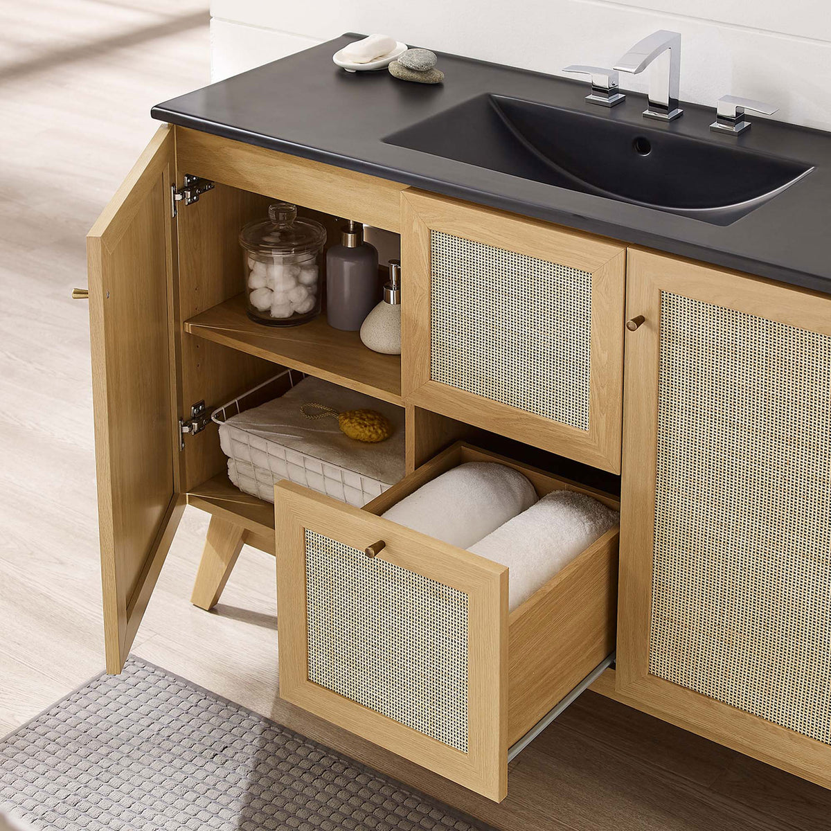 Adjustable shelves and roomy storage keep bathroom essentials organized || EEI-6720-OAK-BLK || front_angle_open_room