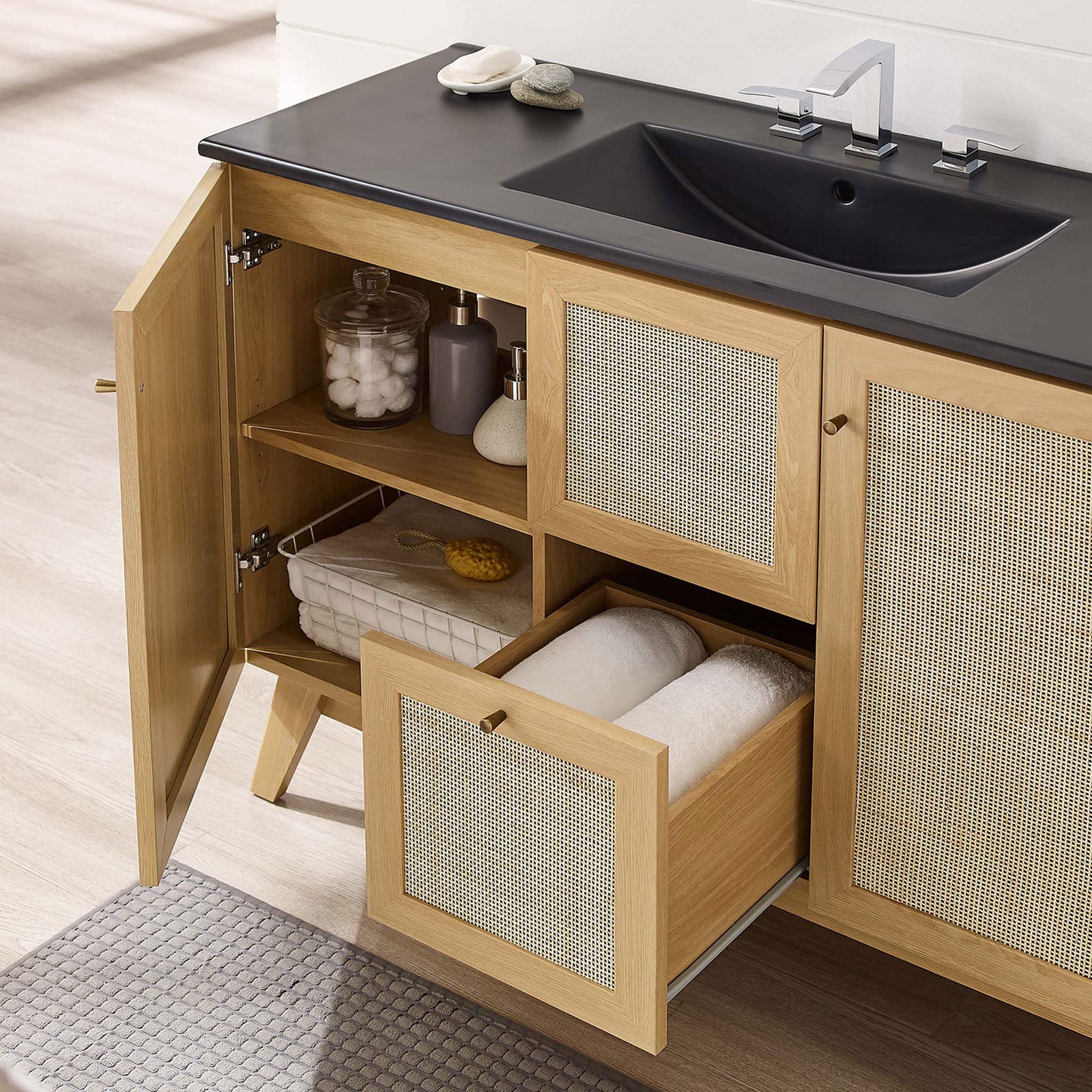 Adjustable shelves and roomy storage keep bathroom essentials organized || EEI-6720-OAK-BLK || front_angle_open_room